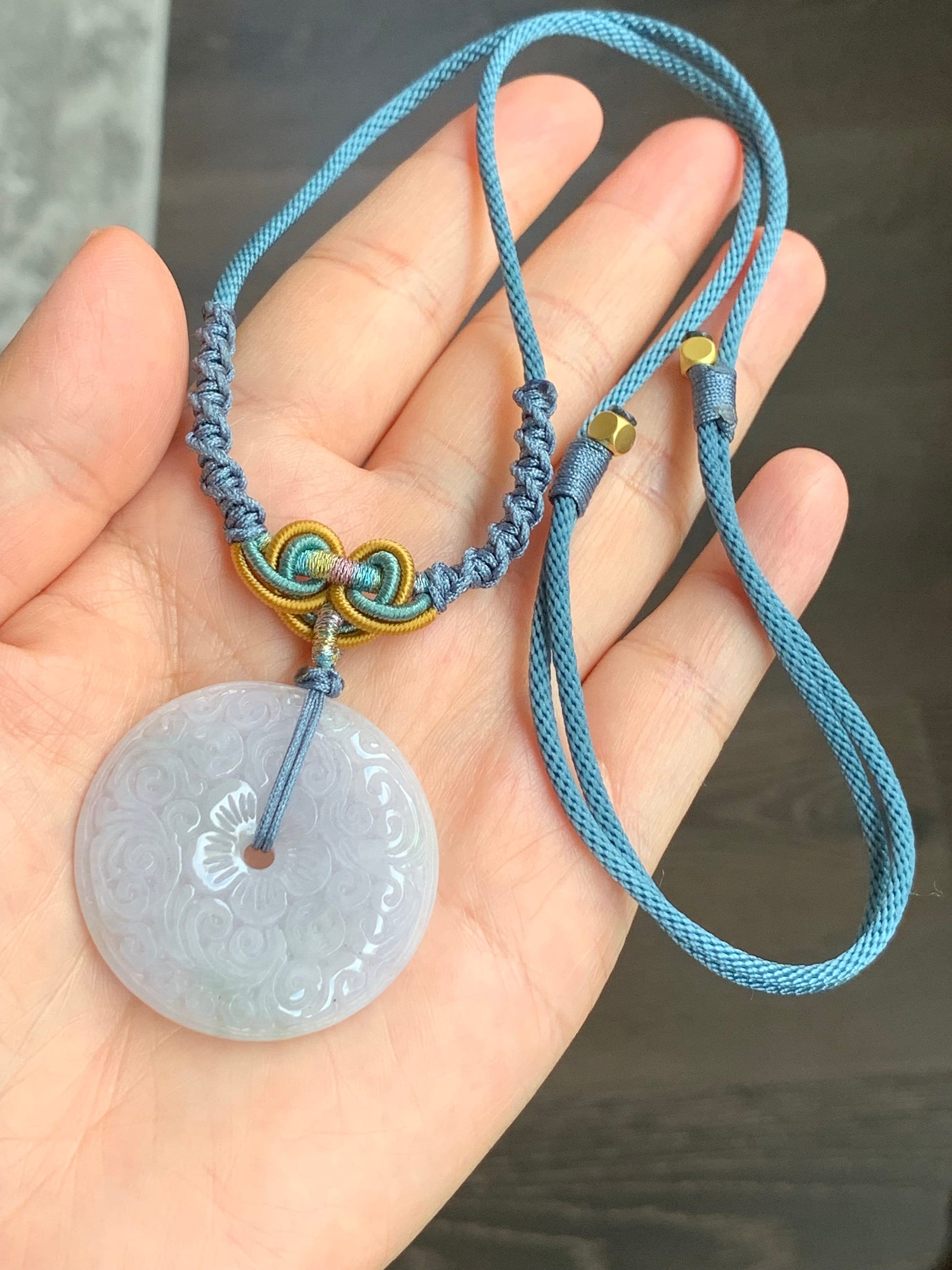 Large Natural Burmese Icy Light Purple Jadeite Retro Engraved Ping An Kou Donut Pendant Rope Necklace 26” Adjustable 天然缅甸冰糯淡紫翡翠平安扣吊坠项链 B