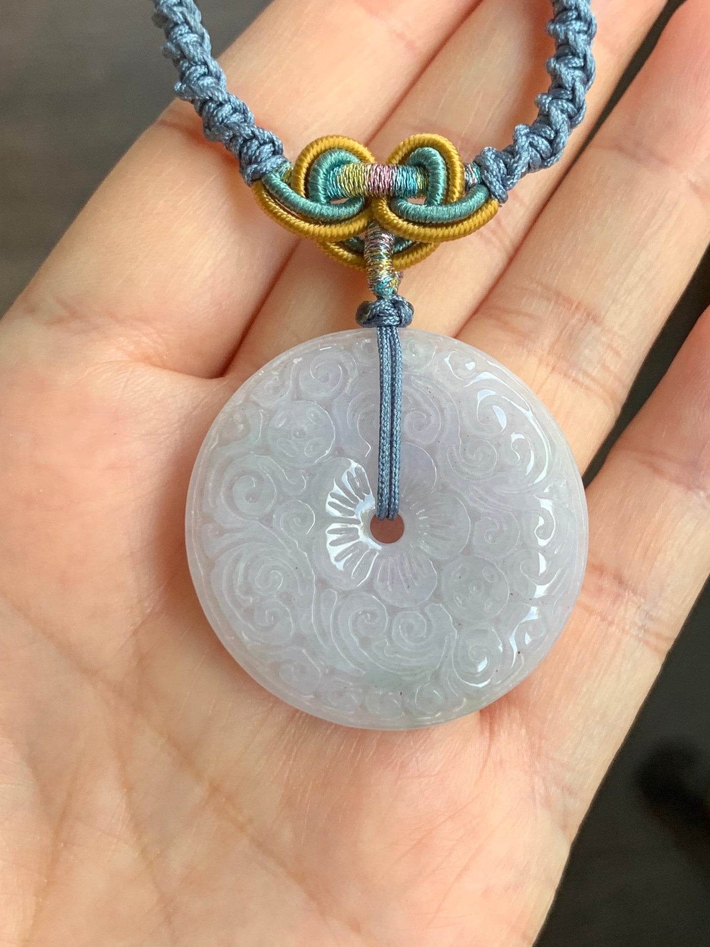 Large Natural Burmese Icy Light Purple Jadeite Retro Engraved Ping An Kou Donut Pendant Rope Necklace 26” Adjustable 天然缅甸冰糯淡紫翡翠平安扣吊坠项链 B