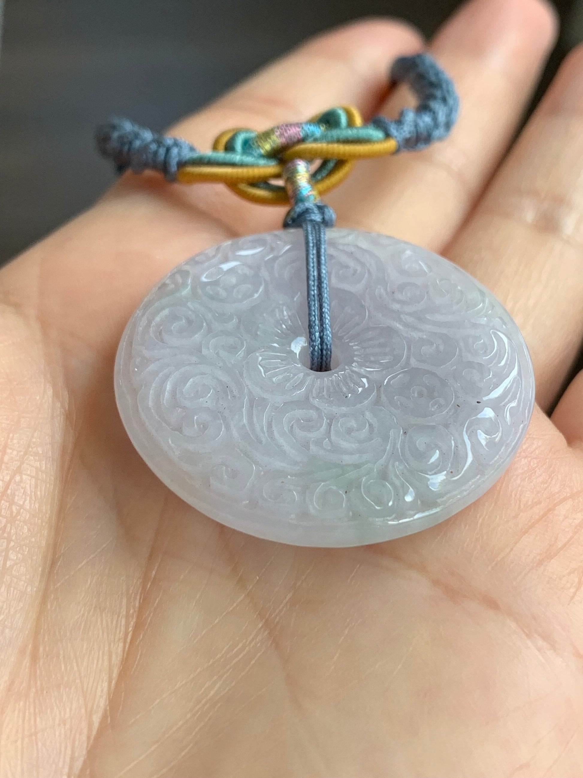 Large Natural Burmese Icy Light Purple Jadeite Retro Engraved Ping An Kou Donut Pendant Rope Necklace 26” Adjustable 天然缅甸冰糯淡紫翡翠平安扣吊坠项链 B