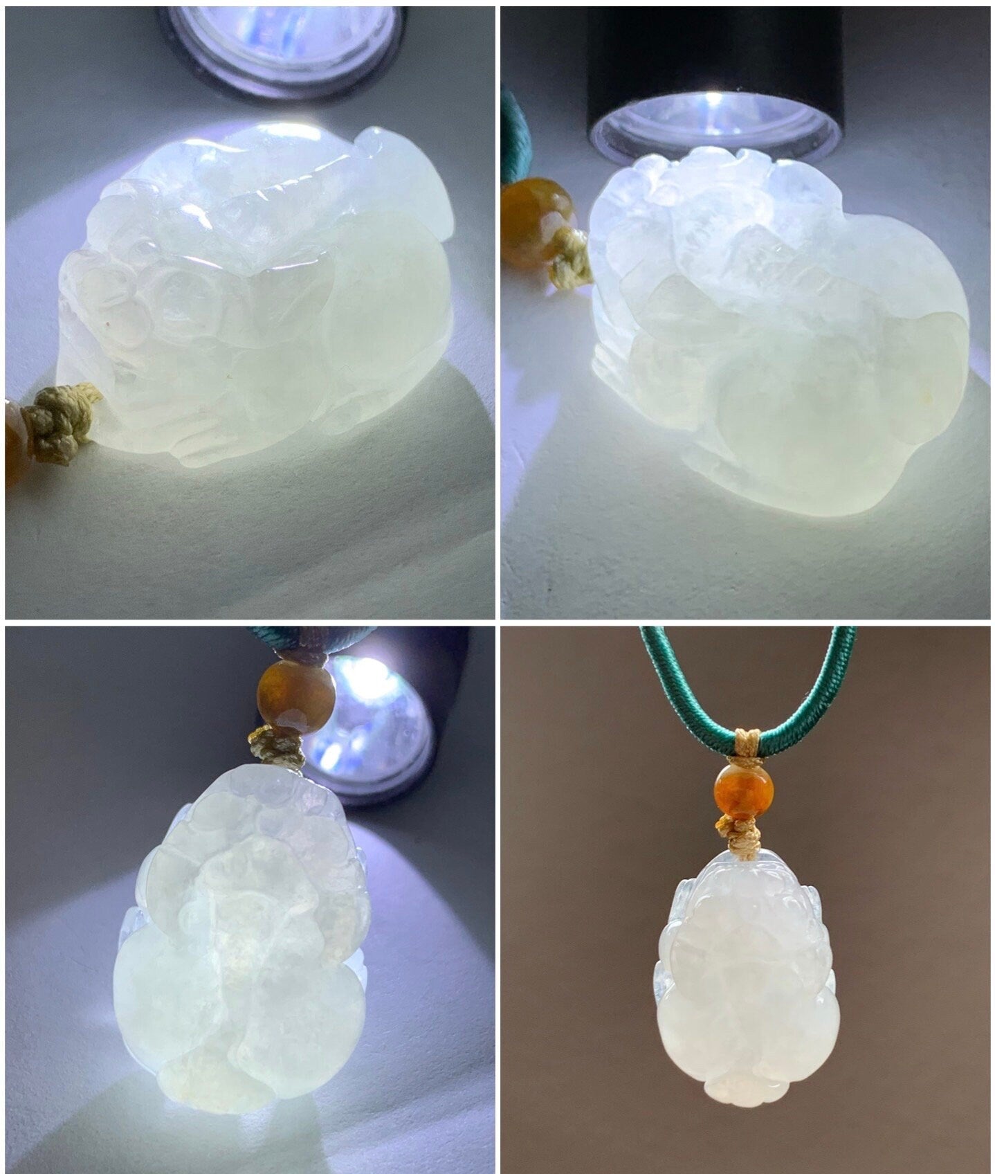 Natural Burmese Translucent & Gelatinous Icy White Jadeite Pixiu Pendant Rope Necklace 24" Adjustable 天然缅甸白冰胶翡翠貔貅吊坠项链