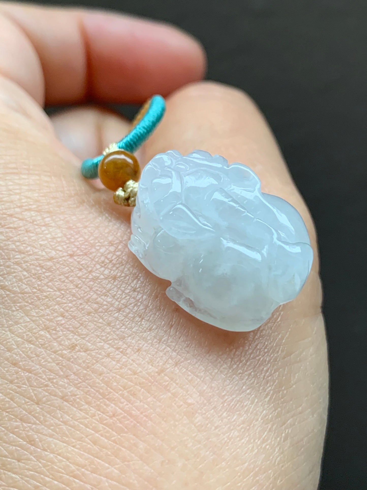 Natural Burmese Translucent & Gelatinous Icy White Jadeite Pixiu Pendant Rope Necklace 24" Adjustable 天然缅甸白冰胶翡翠貔貅吊坠项链