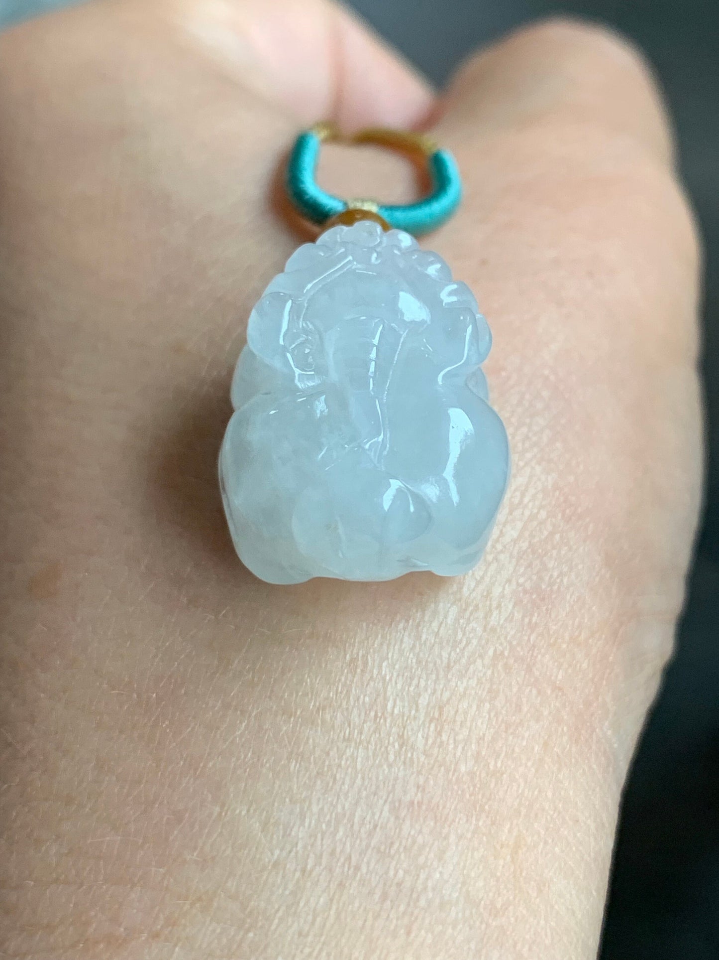 Natural Burmese Translucent & Gelatinous Icy White Jadeite Pixiu Pendant Rope Necklace 24" Adjustable 天然缅甸白冰胶翡翠貔貅吊坠项链