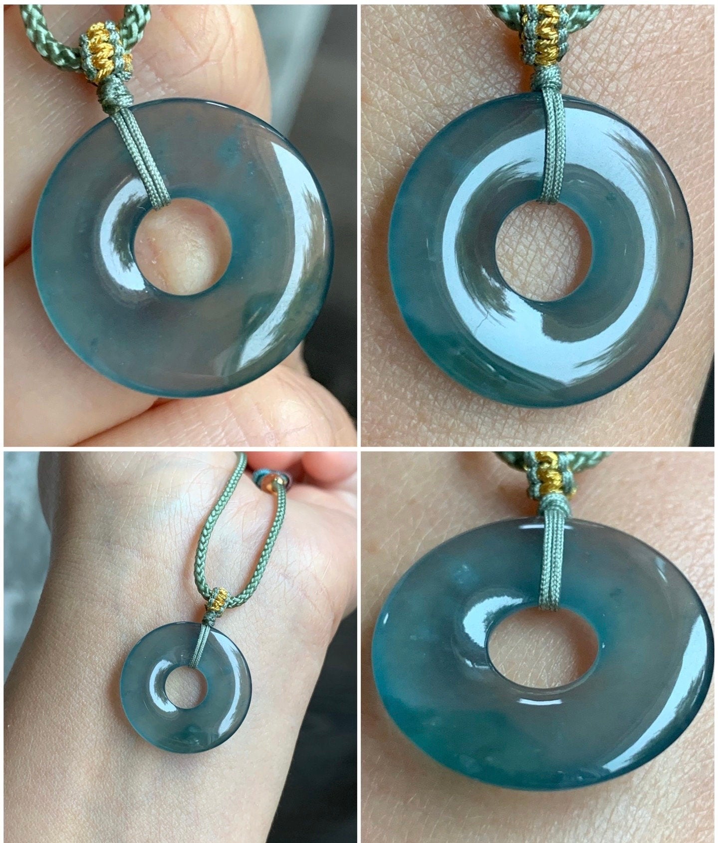 Natural Guatemalan Icy Highly Translucent Teal Blue Jadeite Ping An Kou Donut Pendant Rope Necklace 24” 天然冰危老蓝水翡翠平安扣吊坠