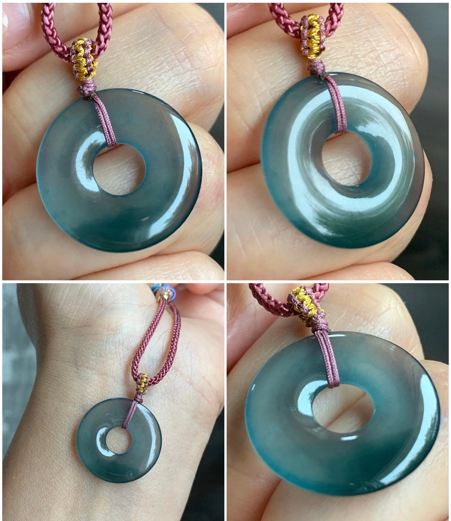 Natural Guatemalan Icy Highly Translucent Teal Blue Jadeite Ping An Kou Donut Pendant Rope Necklace 24” 天然冰危老蓝水翡翠平安扣吊坠