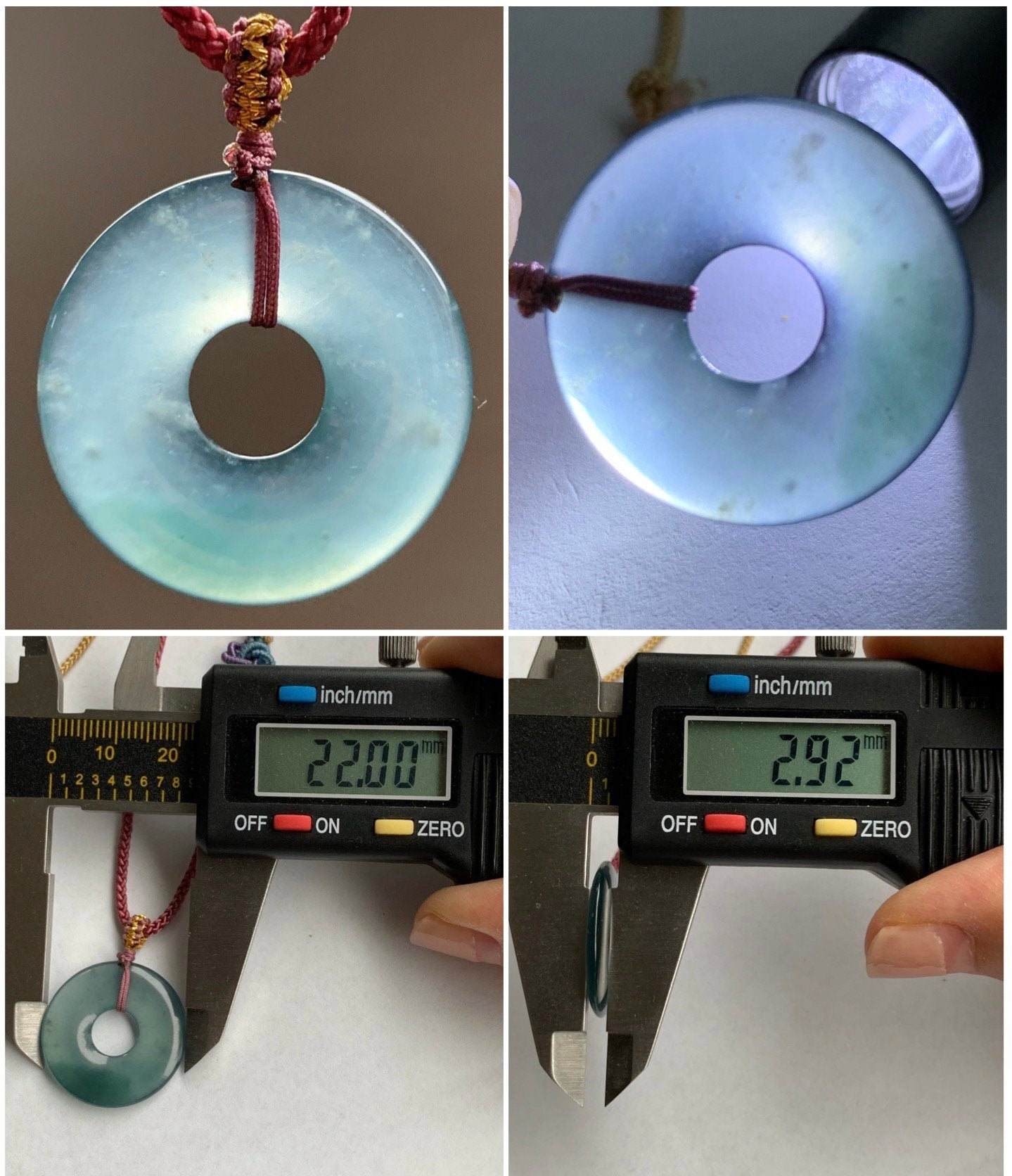 Natural Guatemalan Icy Highly Translucent Teal Blue Jadeite Ping An Kou Donut Pendant Rope Necklace 24” 天然冰危老蓝水翡翠平安扣吊坠