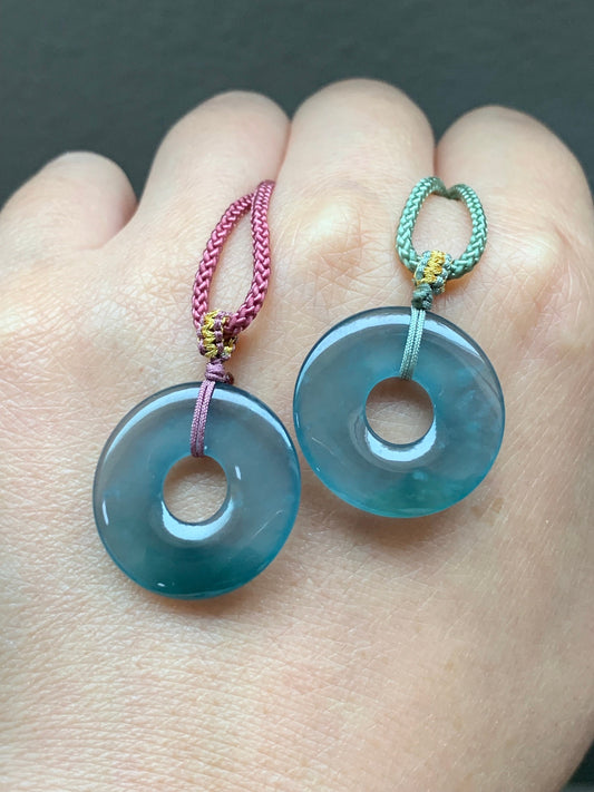 Natural Guatemalan Icy Highly Translucent Teal Blue Jadeite Ping An Kou Donut Pendant Rope Necklace 24” 天然冰危老蓝水翡翠平安扣吊坠