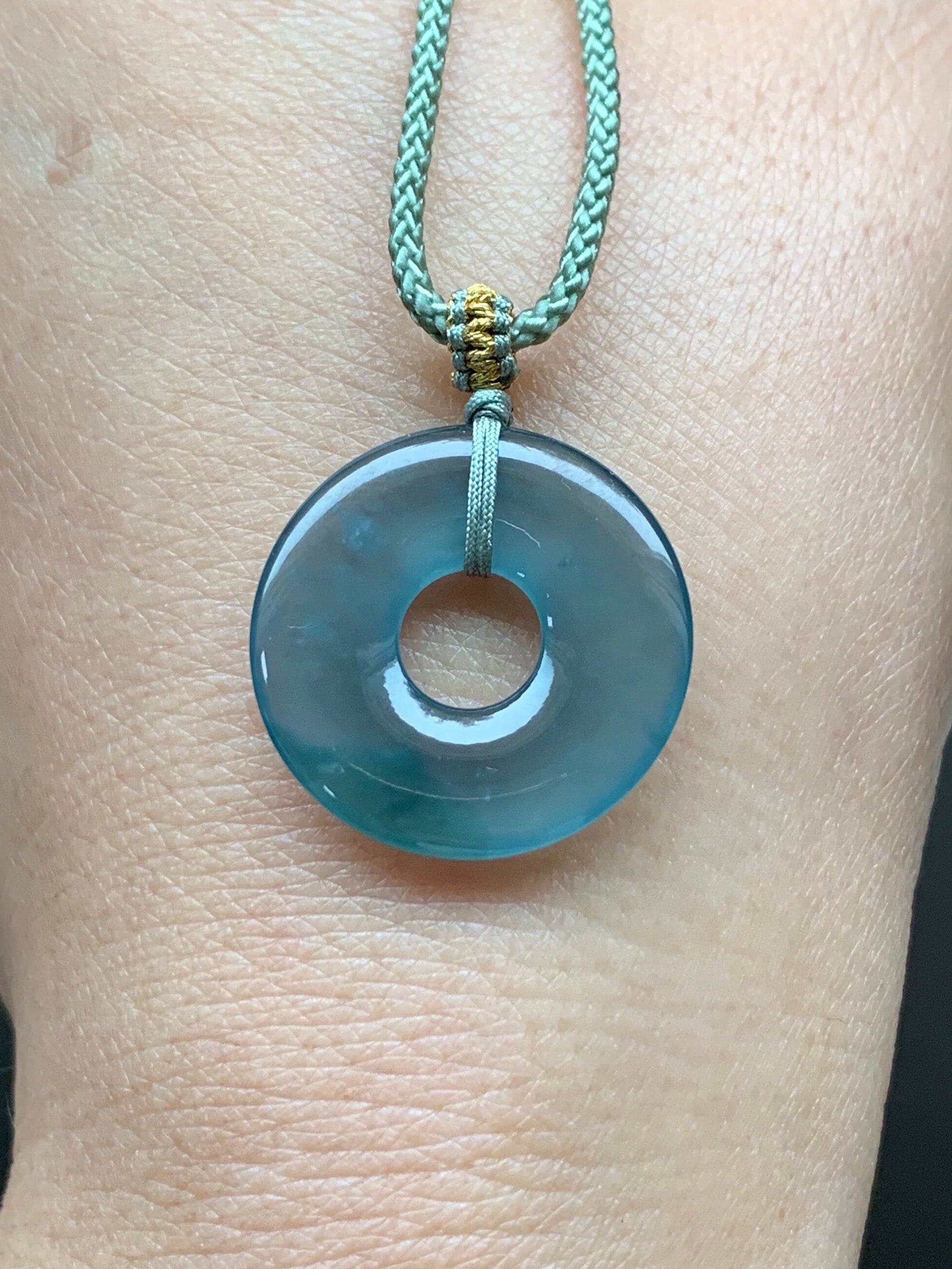 Natural Guatemalan Icy Highly Translucent Teal Blue Jadeite Ping An Kou Donut Pendant Rope Necklace 24” 天然冰危老蓝水翡翠平安扣吊坠