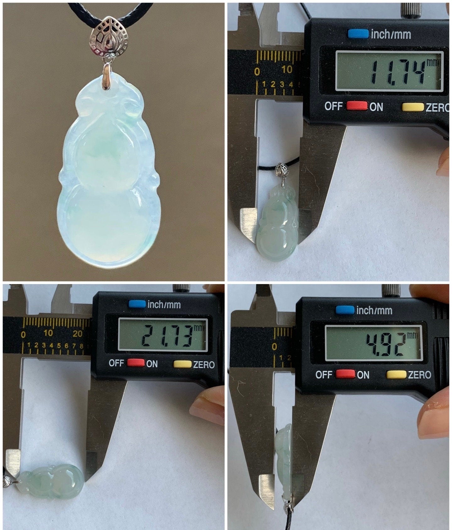 Natural Burmese Icy Translucent Gelatinous Light Green Marbling Jadeite Gourd Hulu Pendant 18K White Gold Bail 17” Cord 天然缅甸淡冰飘花翡翠葫芦镶嵌吊坠
