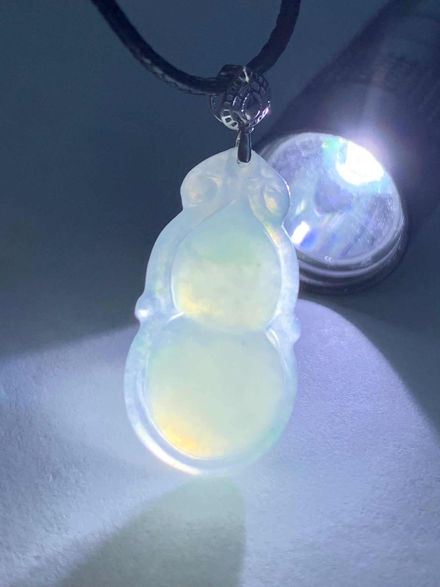Natural Burmese Icy Translucent Gelatinous Light Green Marbling Jadeite Gourd Hulu Pendant 18K White Gold Bail 17” Cord 天然缅甸淡冰飘花翡翠葫芦镶嵌吊坠