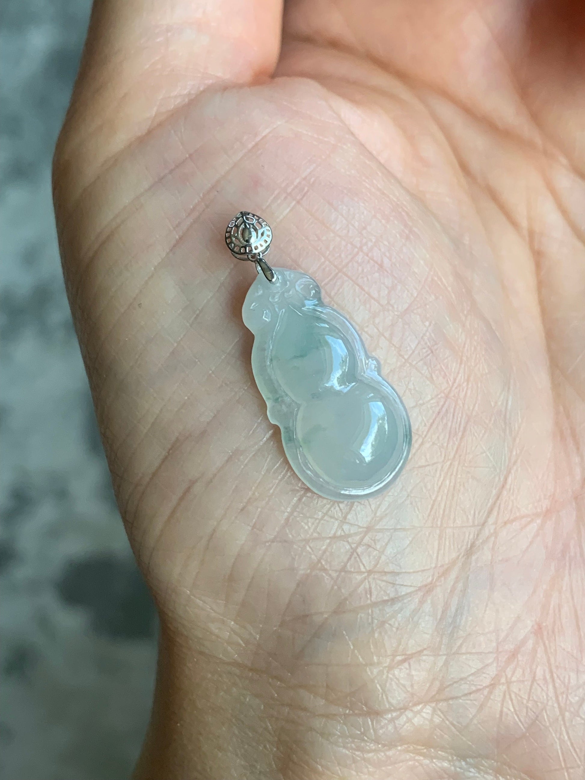Natural Burmese Icy Translucent Gelatinous Light Green Marbling Jadeite Gourd Hulu Pendant 18K White Gold Bail 17” Cord 天然缅甸淡冰飘花翡翠葫芦镶嵌吊坠