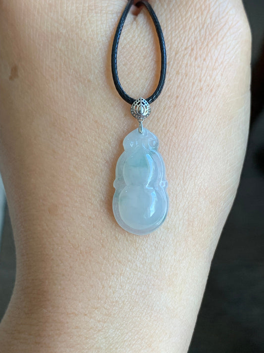 Natural Burmese Icy Translucent Gelatinous Light Green Marbling Jadeite Gourd Hulu Pendant 18K White Gold Bail 17” Cord 天然缅甸淡冰飘花翡翠葫芦镶嵌吊坠
