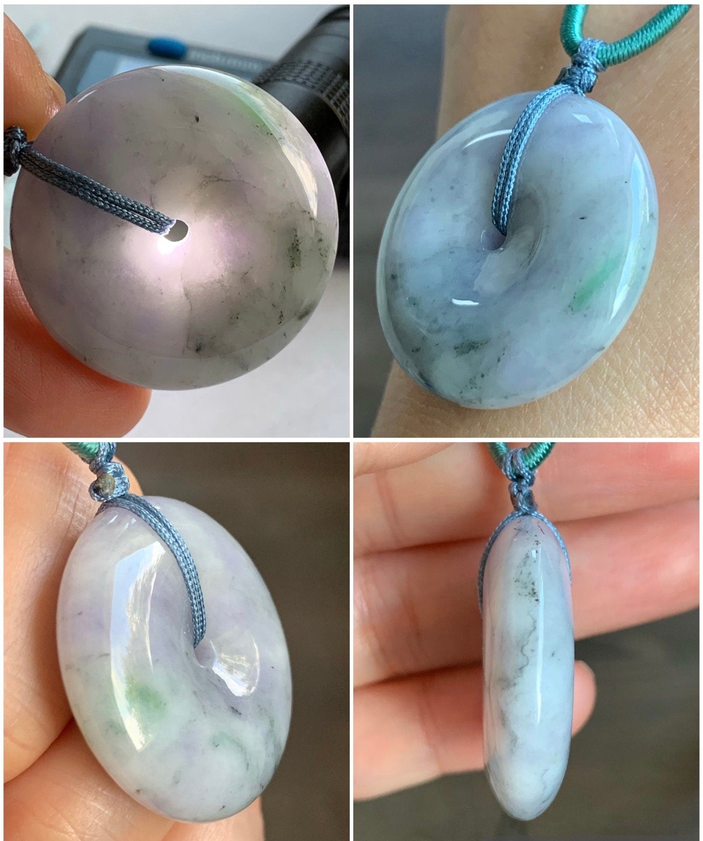 Large Natural Burmese Translucent Multicolored Jadeite Ping An Kou Donut Pendant Rope Necklace 24” Adjustable 天然缅甸细糯紫乌鸡飘绿翡翠平安扣吊坠项链