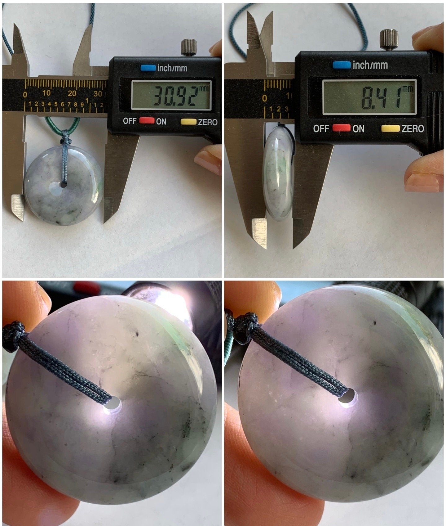 Large Natural Burmese Translucent Multicolored Jadeite Ping An Kou Donut Pendant Rope Necklace 24” Adjustable 天然缅甸细糯紫乌鸡飘绿翡翠平安扣吊坠项链