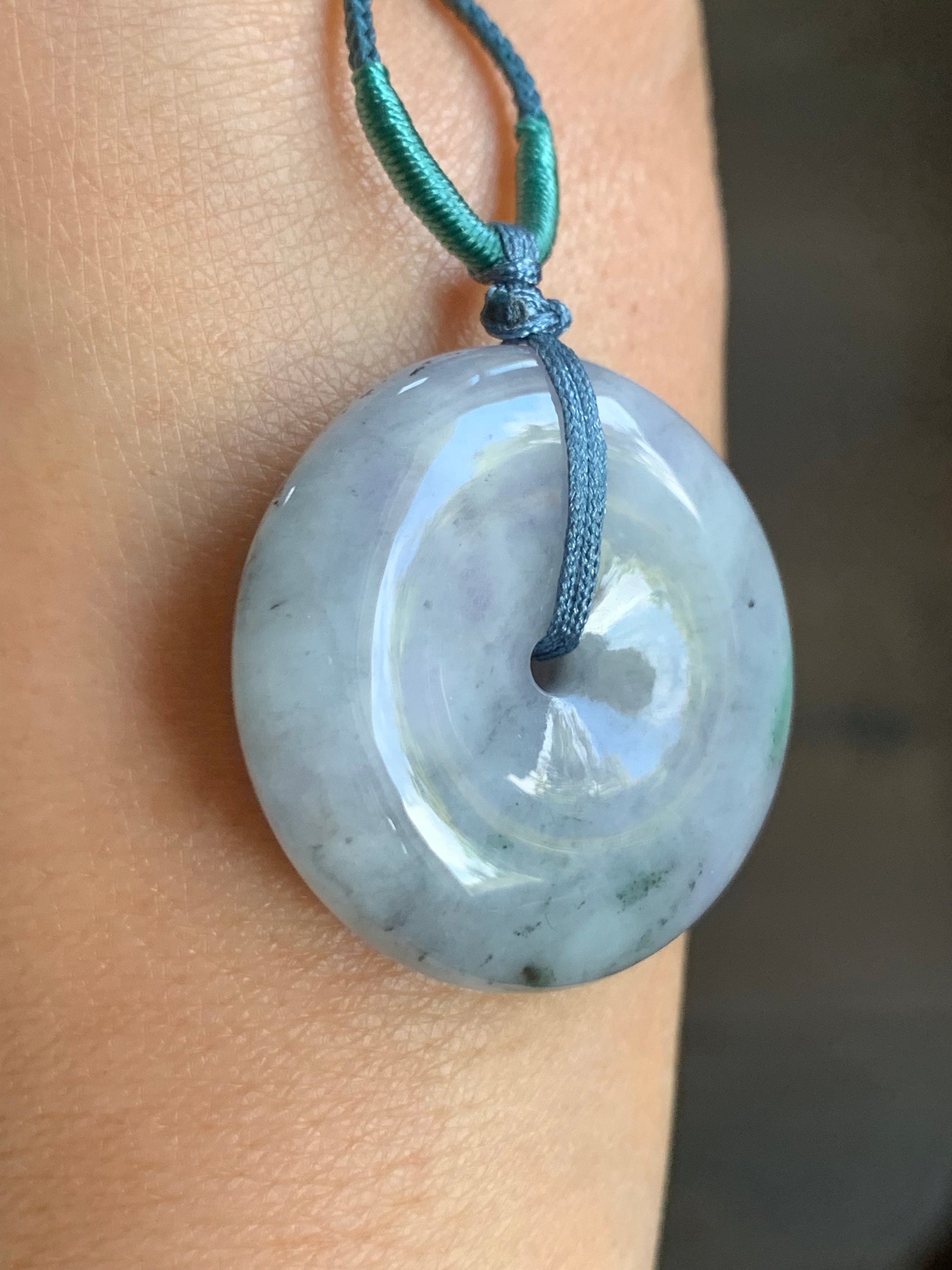 Large Natural Burmese Translucent Multicolored Jadeite Ping An Kou Donut Pendant Rope Necklace 24” Adjustable 天然缅甸细糯紫乌鸡飘绿翡翠平安扣吊坠项链