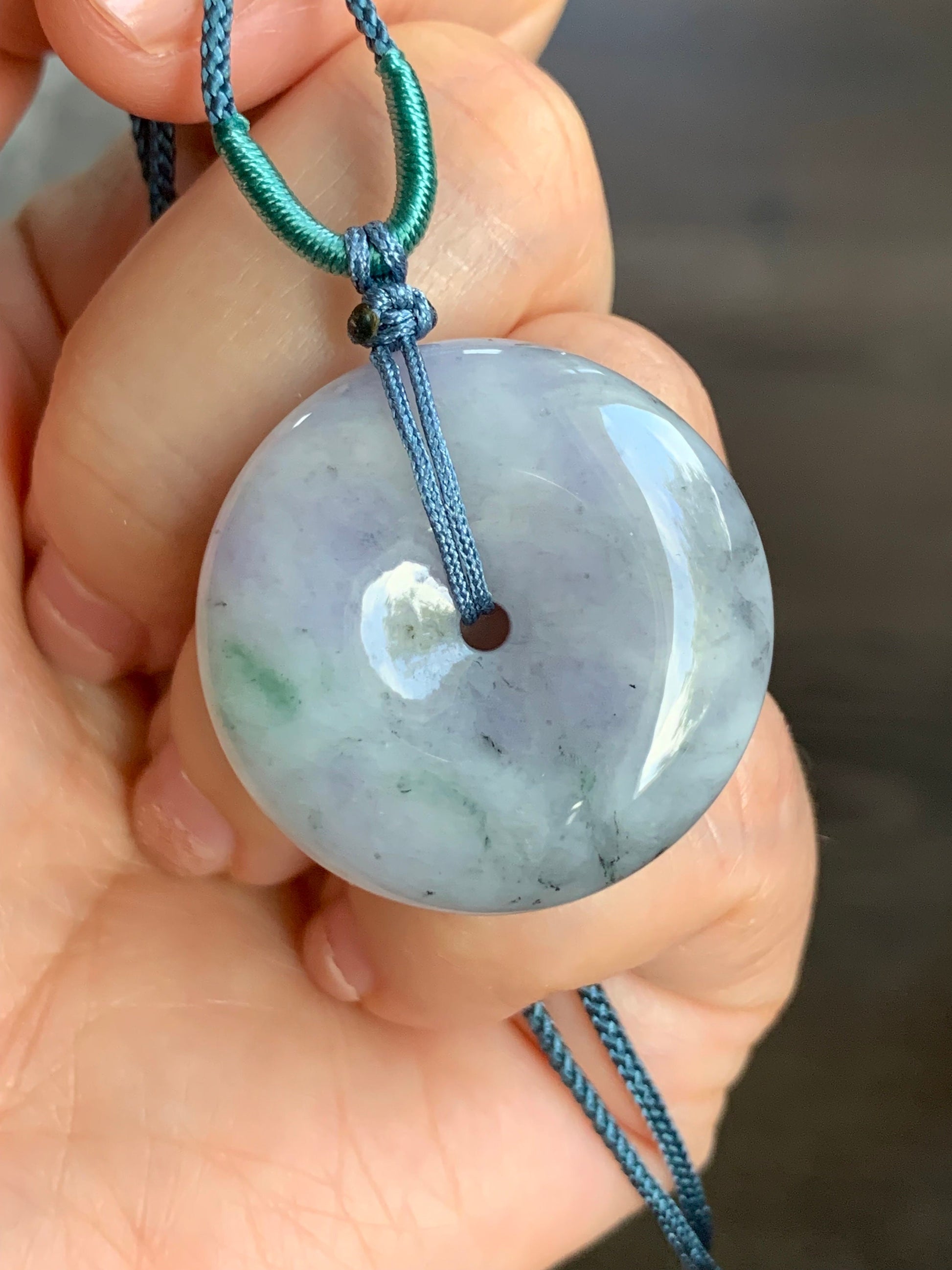 Large Natural Burmese Translucent Multicolored Jadeite Ping An Kou Donut Pendant Rope Necklace 24” Adjustable 天然缅甸细糯紫乌鸡飘绿翡翠平安扣吊坠项链