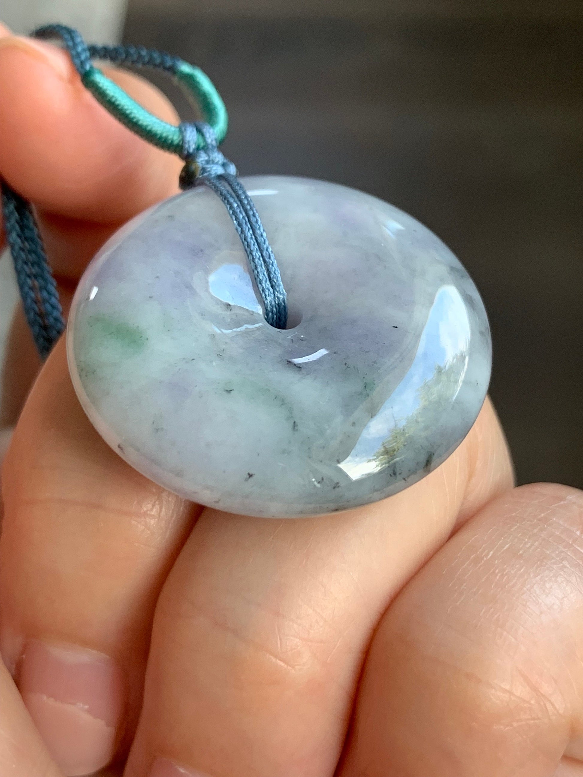 Large Natural Burmese Translucent Multicolored Jadeite Ping An Kou Donut Pendant Rope Necklace 24” Adjustable 天然缅甸细糯紫乌鸡飘绿翡翠平安扣吊坠项链