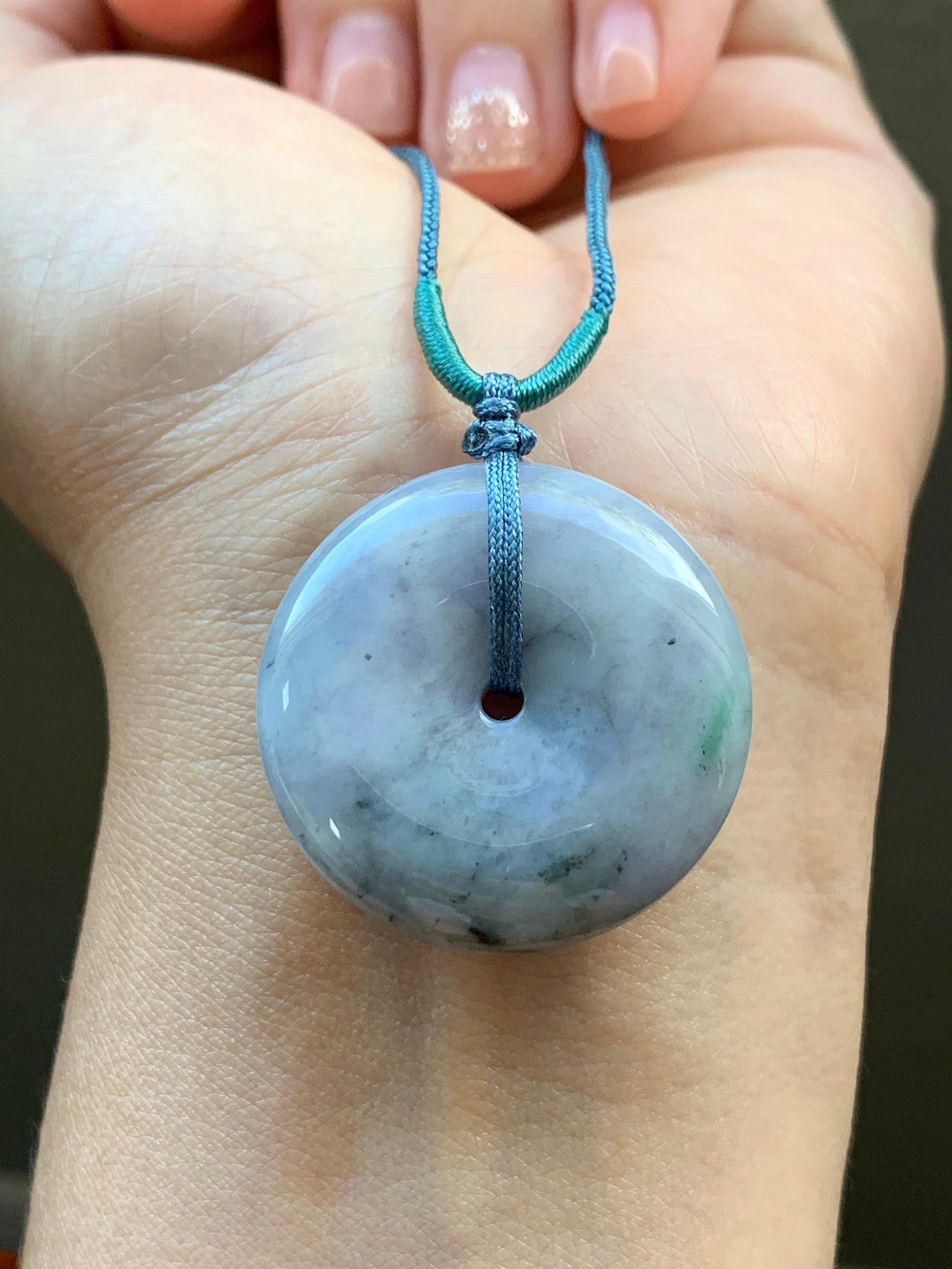 Large Natural Burmese Translucent Multicolored Jadeite Ping An Kou Donut Pendant Rope Necklace 24” Adjustable 天然缅甸细糯紫乌鸡飘绿翡翠平安扣吊坠项链