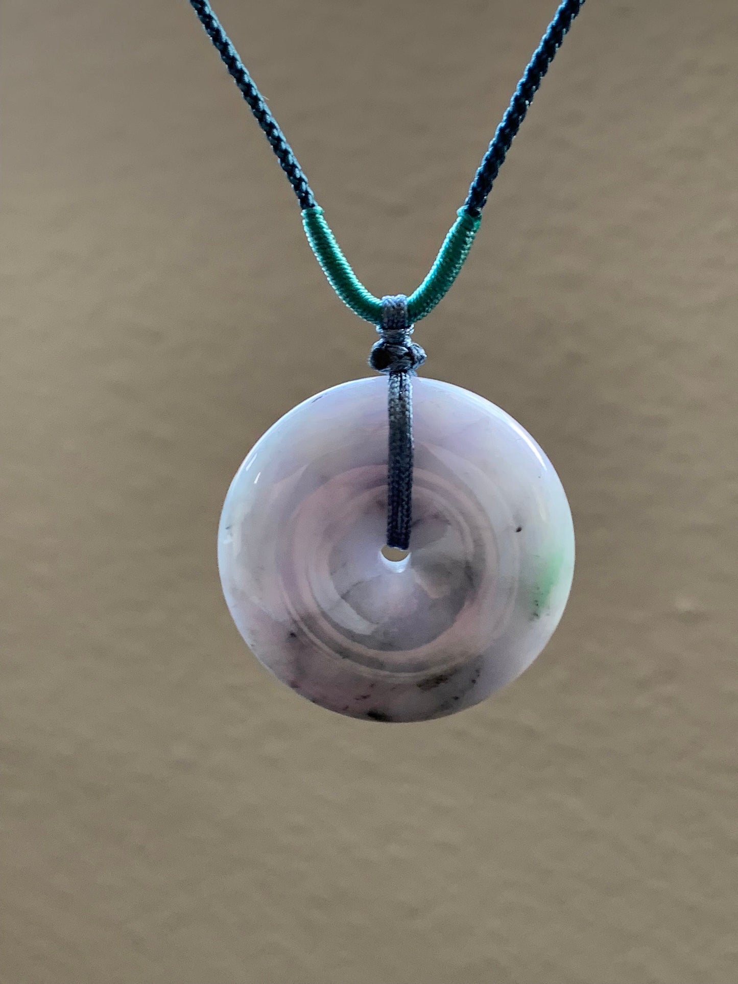 Large Natural Burmese Translucent Multicolored Jadeite Ping An Kou Donut Pendant Rope Necklace 24” Adjustable 天然缅甸细糯紫乌鸡飘绿翡翠平安扣吊坠项链