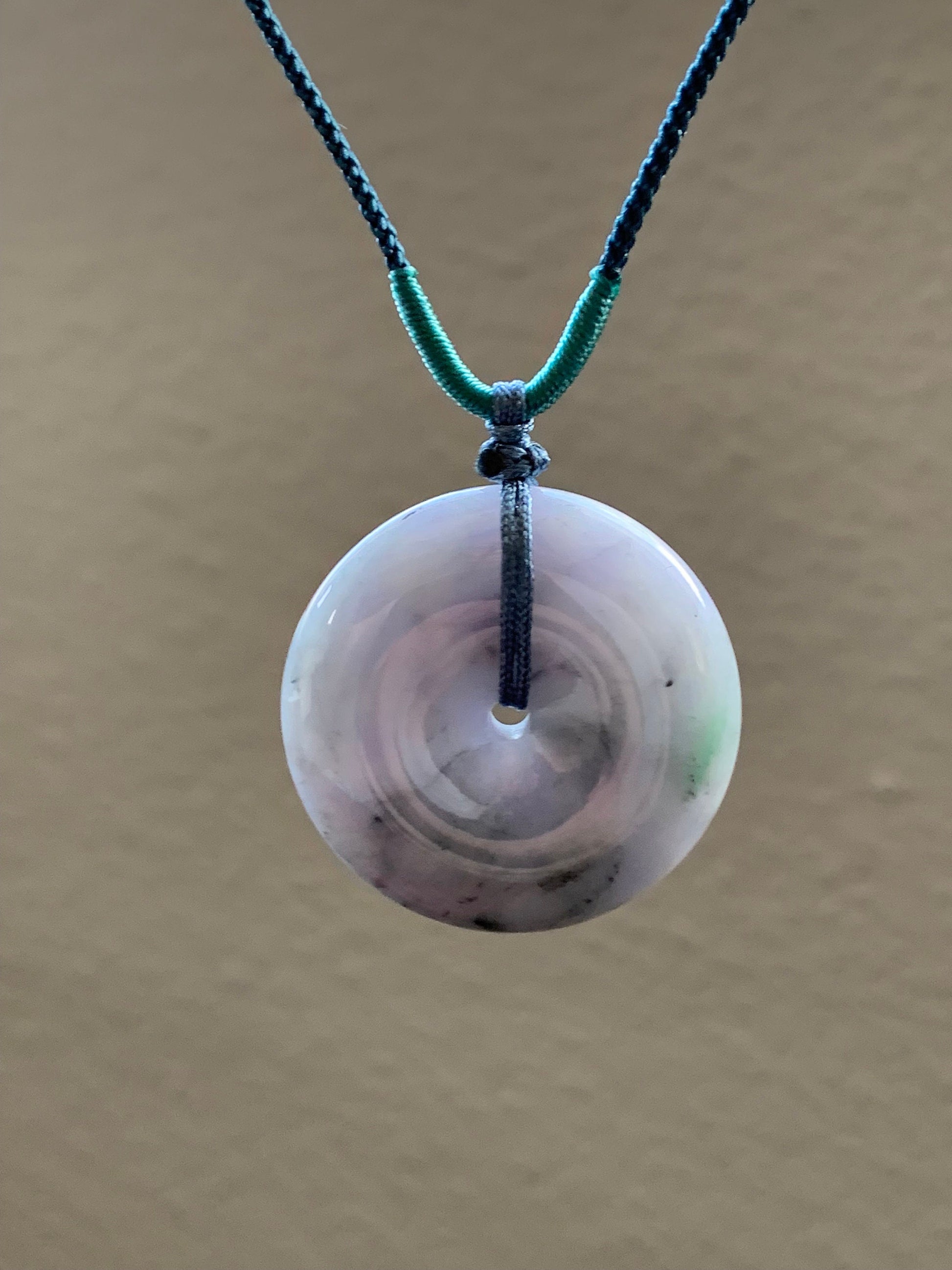 Large Natural Burmese Translucent Multicolored Jadeite Ping An Kou Donut Pendant Rope Necklace 24” Adjustable 天然缅甸细糯紫乌鸡飘绿翡翠平安扣吊坠项链