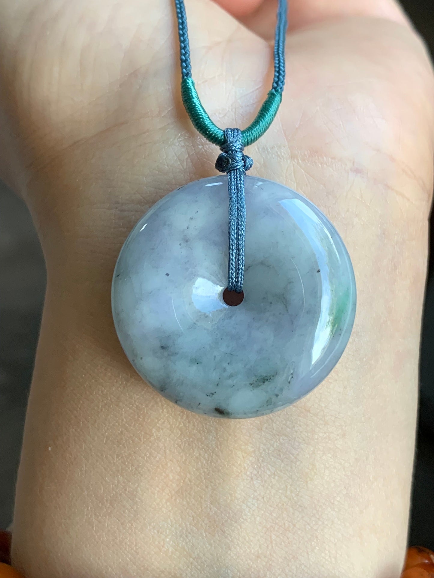 Large Natural Burmese Translucent Multicolored Jadeite Ping An Kou Donut Pendant Rope Necklace 24” Adjustable 天然缅甸细糯紫乌鸡飘绿翡翠平安扣吊坠项链