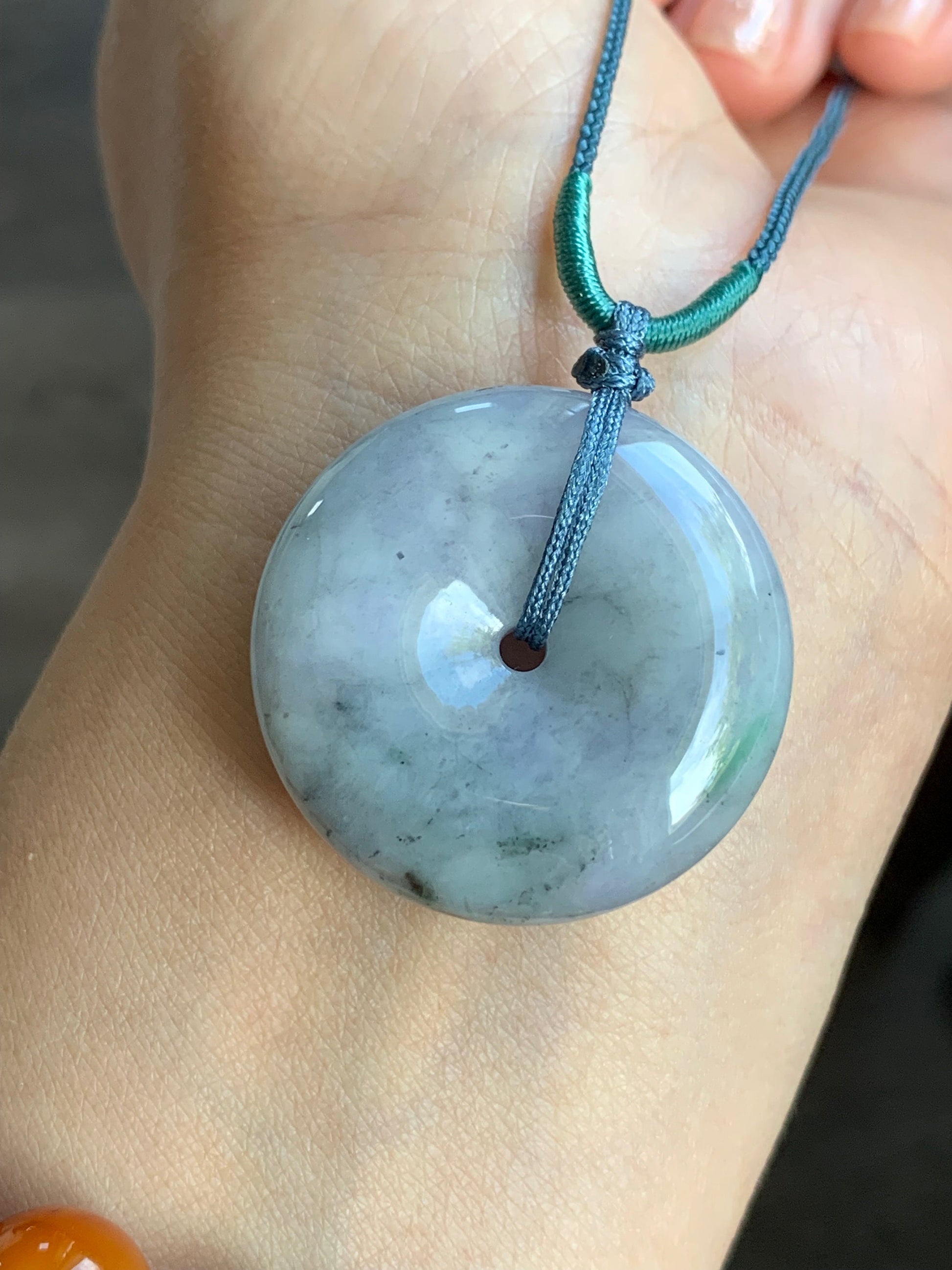 Large Natural Burmese Translucent Multicolored Jadeite Ping An Kou Donut Pendant Rope Necklace 24” Adjustable 天然缅甸细糯紫乌鸡飘绿翡翠平安扣吊坠项链