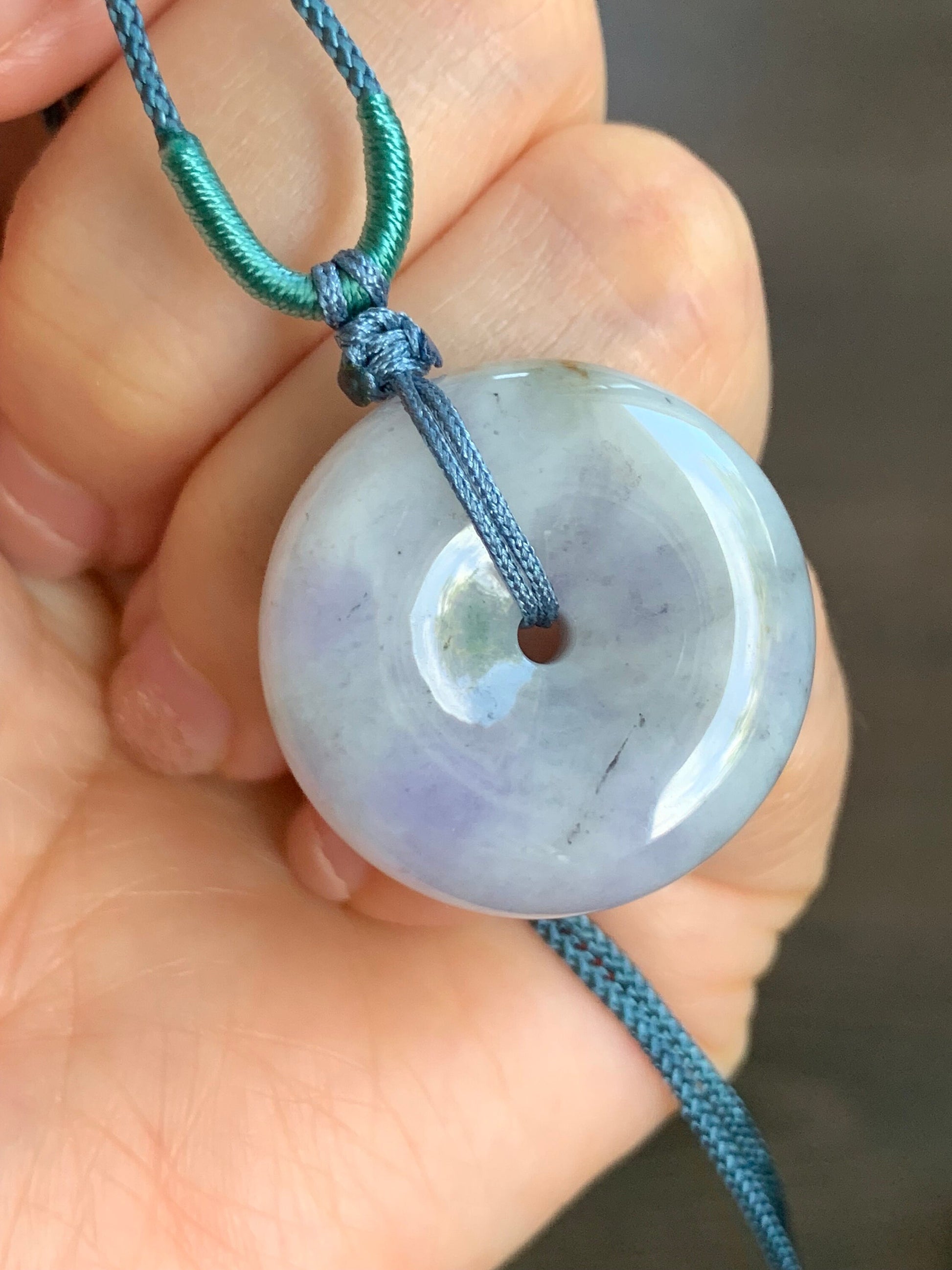 Large Natural Burmese Translucent Multicolored Jadeite Ping An Kou Donut Pendant Rope Necklace 24” Adjustable 天然缅甸细糯紫乌鸡飘黄翡翡翠平安扣吊坠项链