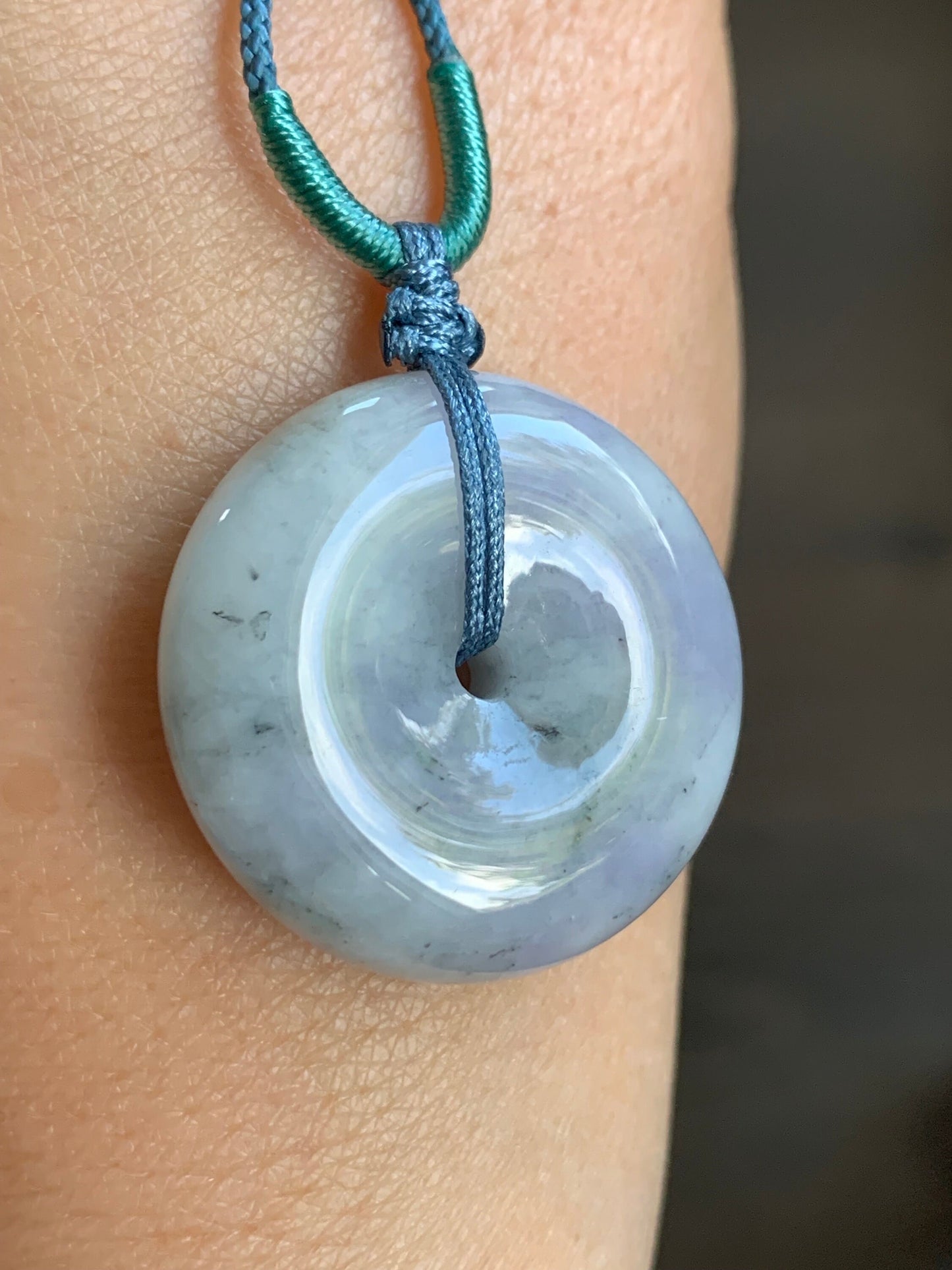 Large Natural Burmese Translucent Multicolored Jadeite Ping An Kou Donut Pendant Rope Necklace 24” Adjustable 天然缅甸细糯紫乌鸡飘黄翡翡翠平安扣吊坠项链