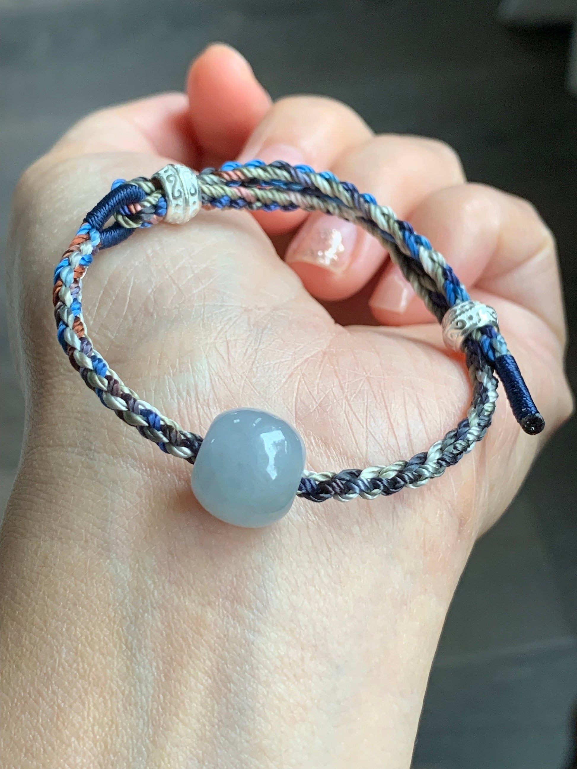 Natural Burmese Icy Translucent Sky Blue Jadeite Large Drum Bead Rope Bracelet w/ 999 Silver Drum Beads Adjustable 天然缅甸冰胶天空蓝翡翠大鼓珠足银环手绳