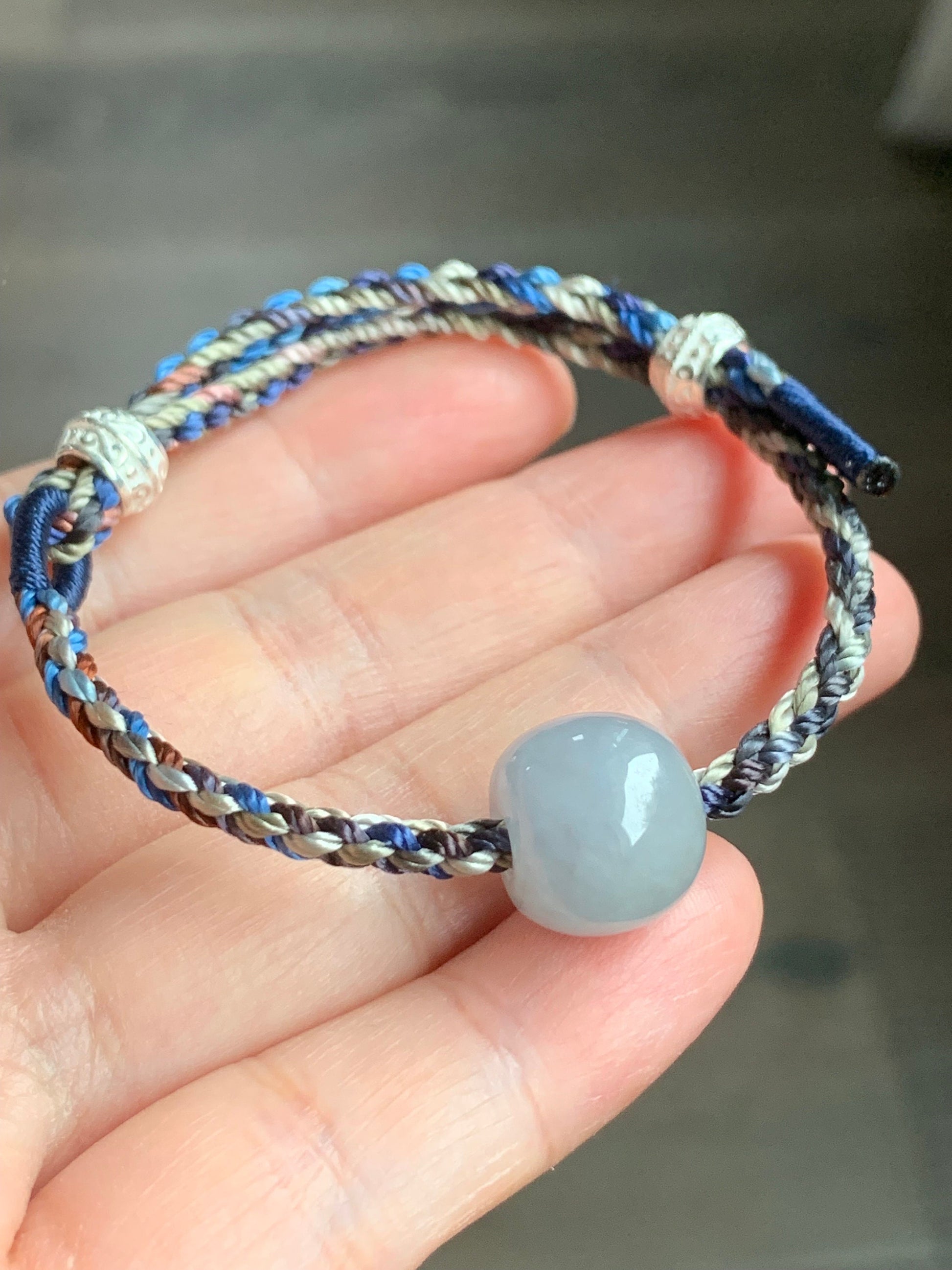 Natural Burmese Icy Translucent Sky Blue Jadeite Large Drum Bead Rope Bracelet w/ 999 Silver Drum Beads Adjustable 天然缅甸冰胶天空蓝翡翠大鼓珠足银环手绳