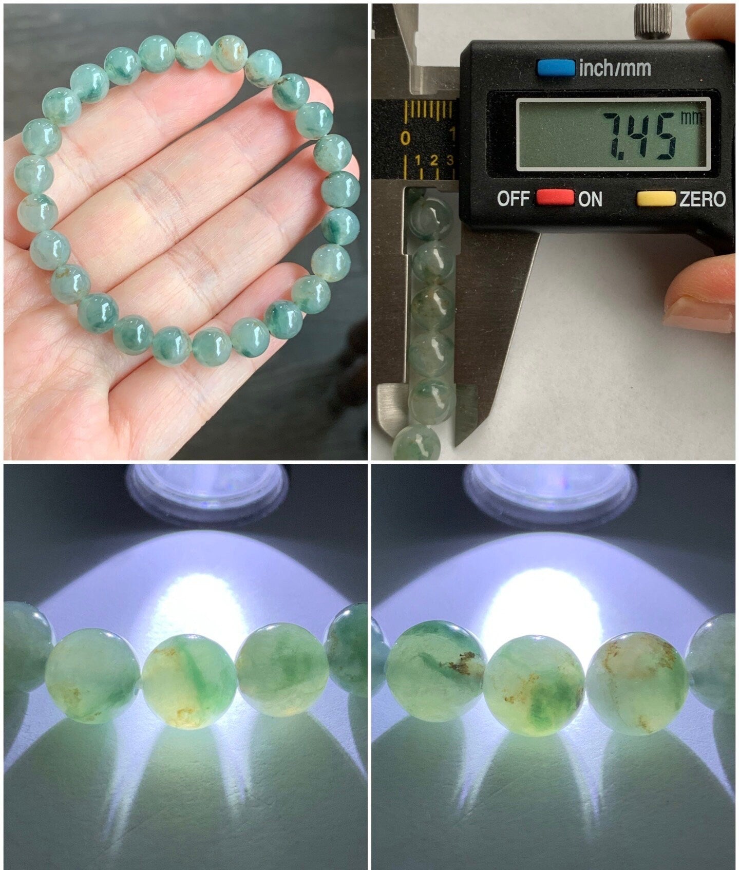 Natural Burmese Icy Highly Translucent Gelatinou Light Green Jadeite w/ Green Marbling Beaded Bracelet 7.5mm 7.25” 天然缅甸冰晴飘花翡翠圆珠手串 QPH420