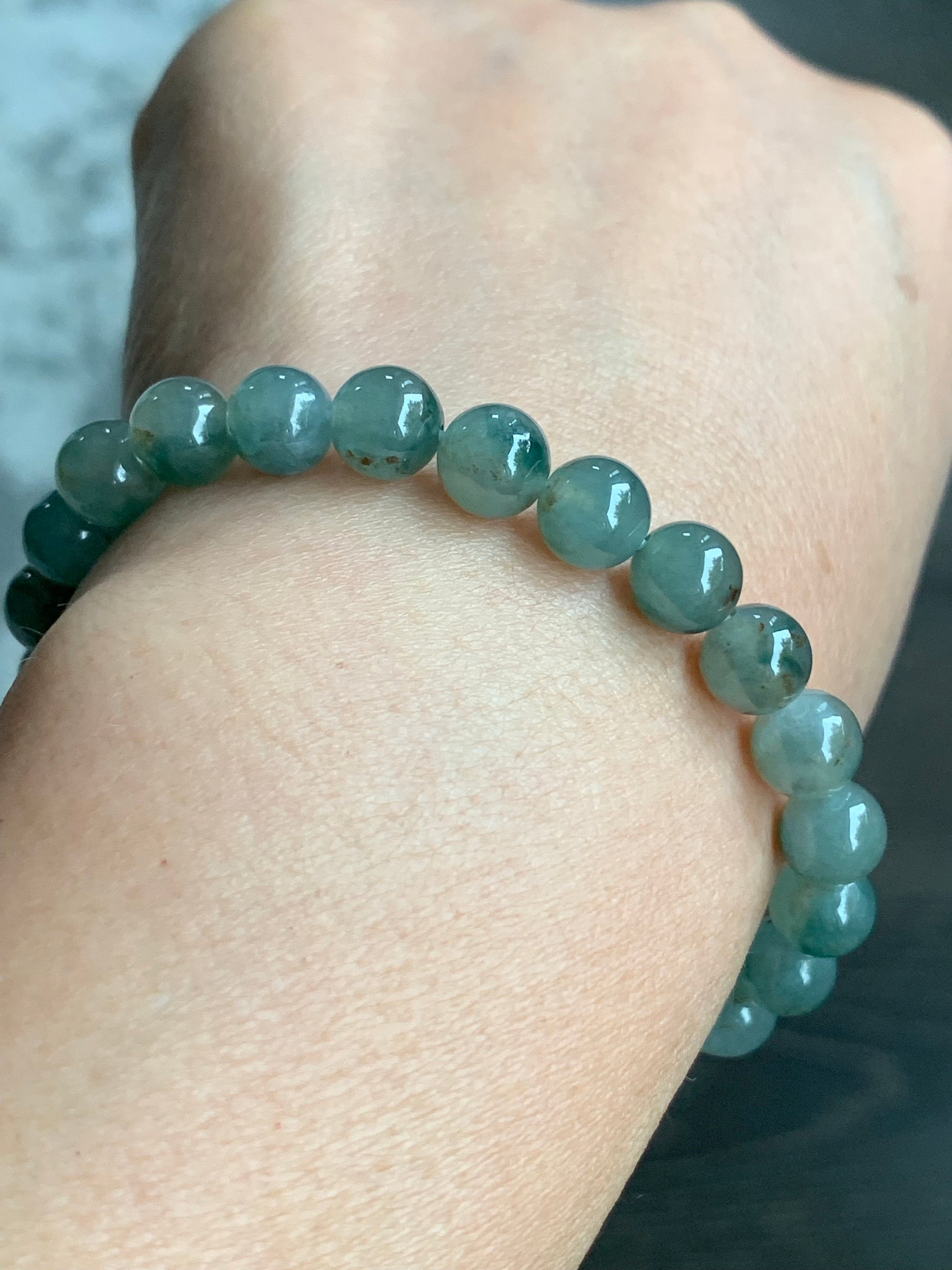 Natural Burmese Icy Highly Translucent Gelatinou Light Green Jadeite w/ Green Marbling Beaded Bracelet 7.5mm 7.25” 天然缅甸冰晴飘花翡翠圆珠手串 QPH420