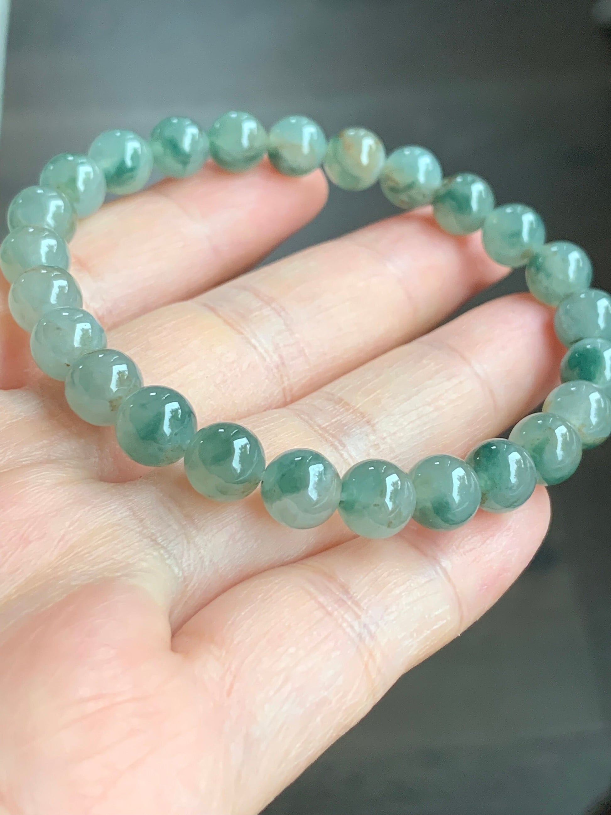 Natural Burmese Icy Highly Translucent Gelatinou Light Green Jadeite w/ Green Marbling Beaded Bracelet 7.5mm 7.25” 天然缅甸冰晴飘花翡翠圆珠手串 QPH420