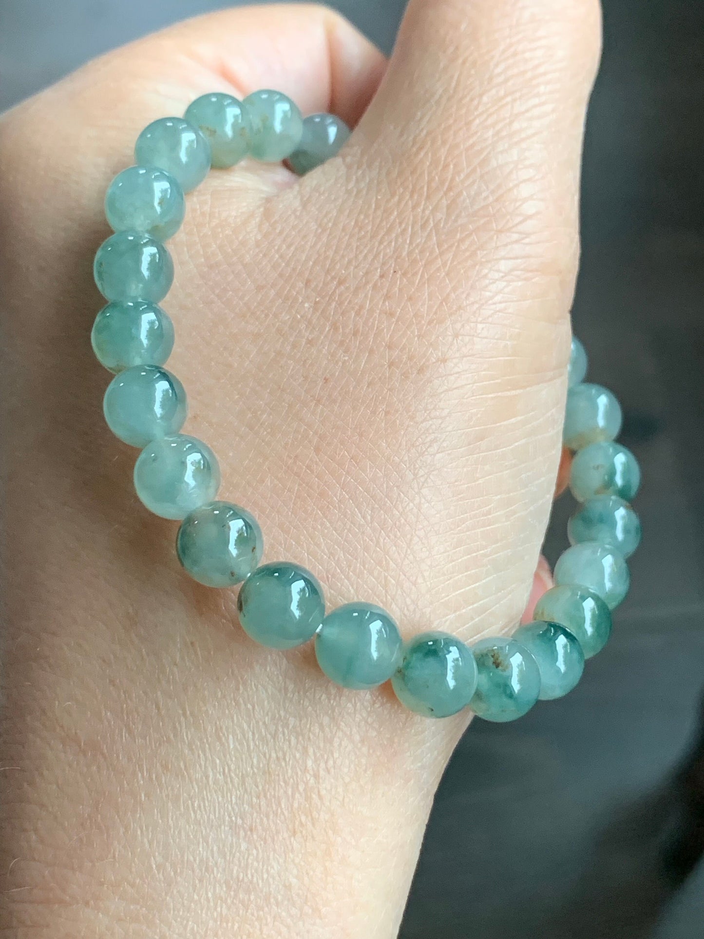 Natural Burmese Icy Highly Translucent Gelatinou Light Green Jadeite w/ Green Marbling Beaded Bracelet 7.5mm 7.25” 天然缅甸冰晴飘花翡翠圆珠手串 QPH420