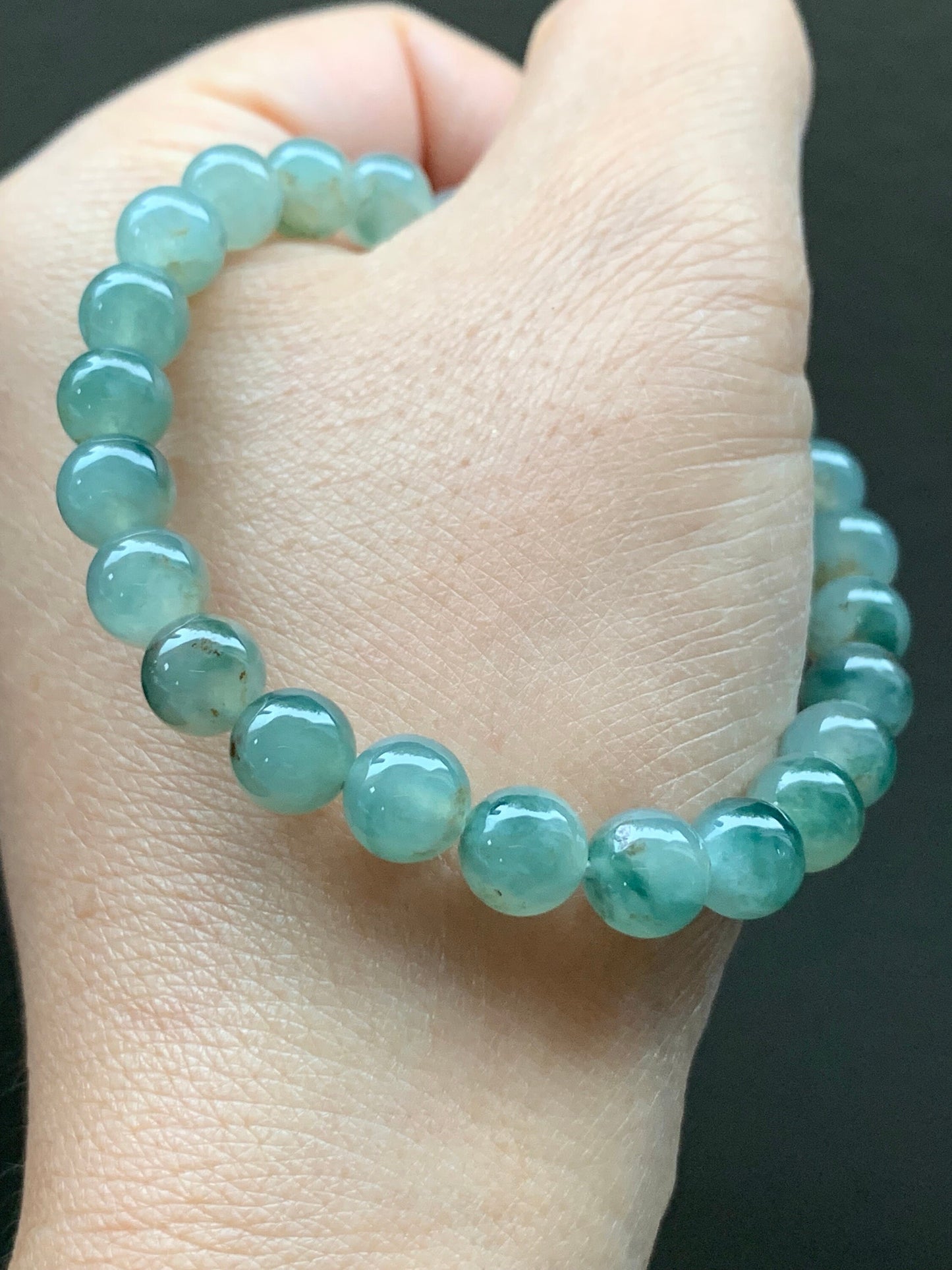 Natural Burmese Icy Highly Translucent Gelatinou Light Green Jadeite w/ Green Marbling Beaded Bracelet 7.5mm 7.25” 天然缅甸冰晴飘花翡翠圆珠手串 QPH420