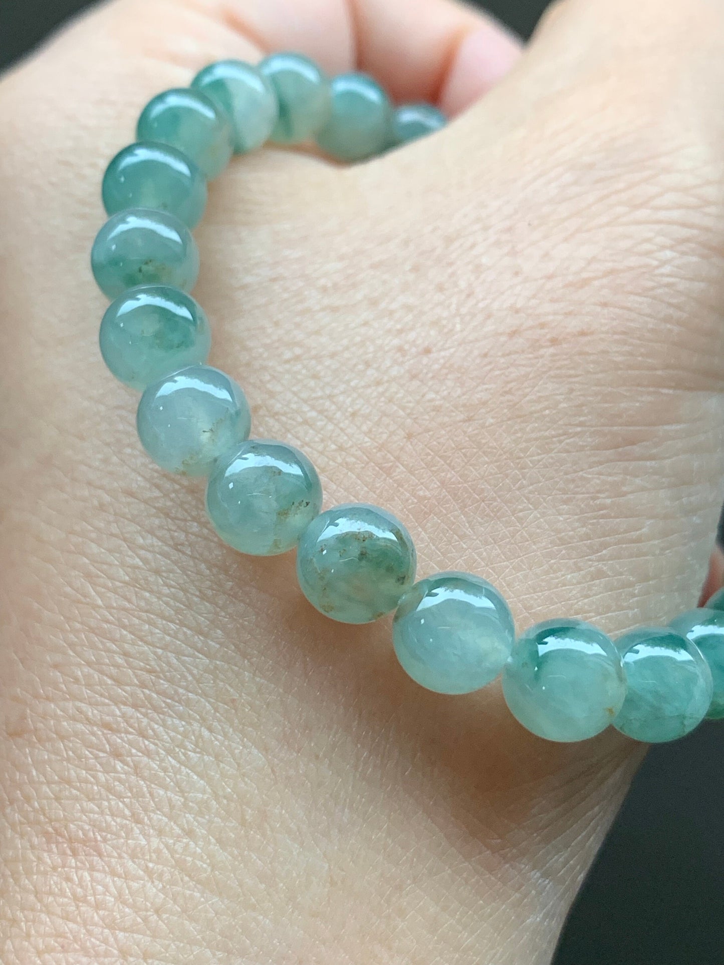 Natural Burmese Icy Highly Translucent Gelatinou Light Green Jadeite w/ Green Marbling Beaded Bracelet 7.5mm 7.25” 天然缅甸冰晴飘花翡翠圆珠手串 QPH420