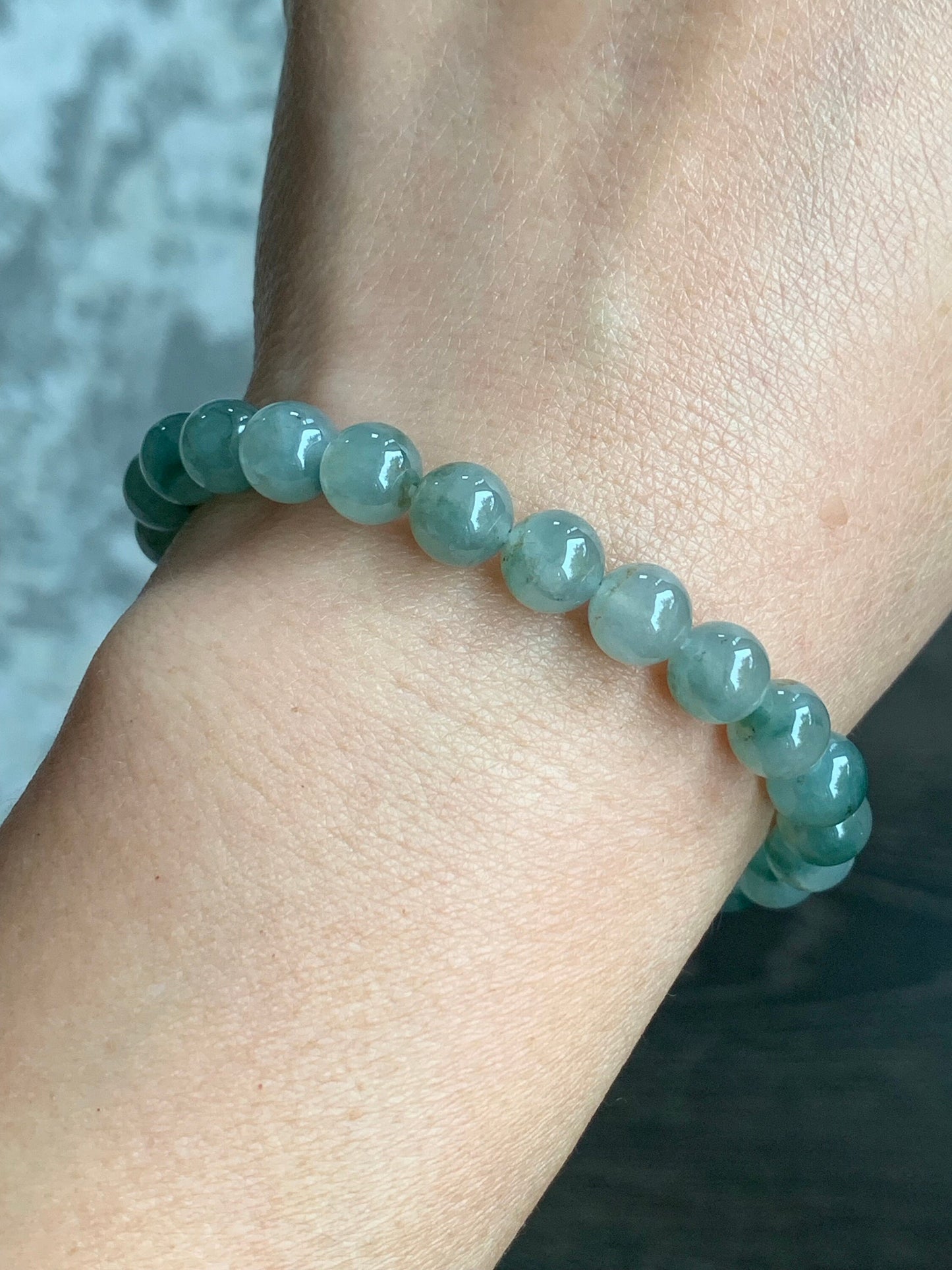 Natural Burmese Icy Highly Translucent Gelatinou Light Green Jadeite w/ Green Marbling Beaded Bracelet 7.5mm 7.25” 天然缅甸冰晴飘花翡翠圆珠手串 QPH420