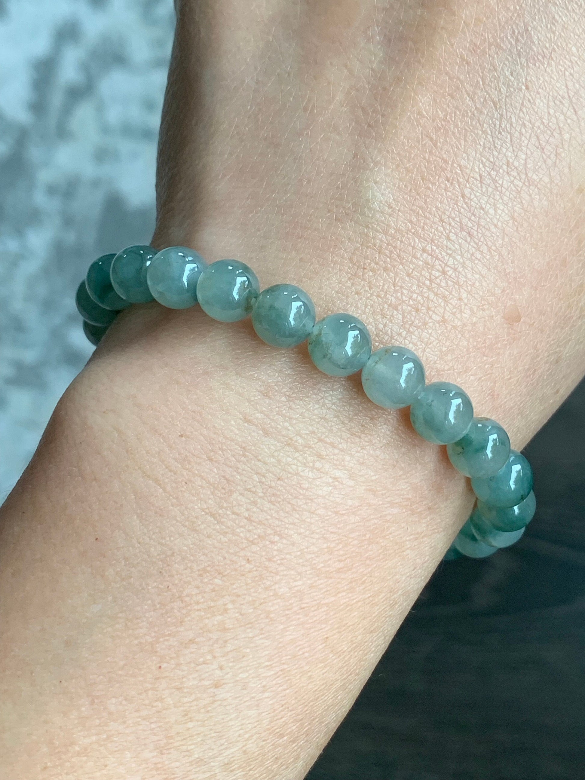 Natural Burmese Icy Highly Translucent Gelatinou Light Green Jadeite w/ Green Marbling Beaded Bracelet 7.5mm 7.25” 天然缅甸冰晴飘花翡翠圆珠手串 QPH420