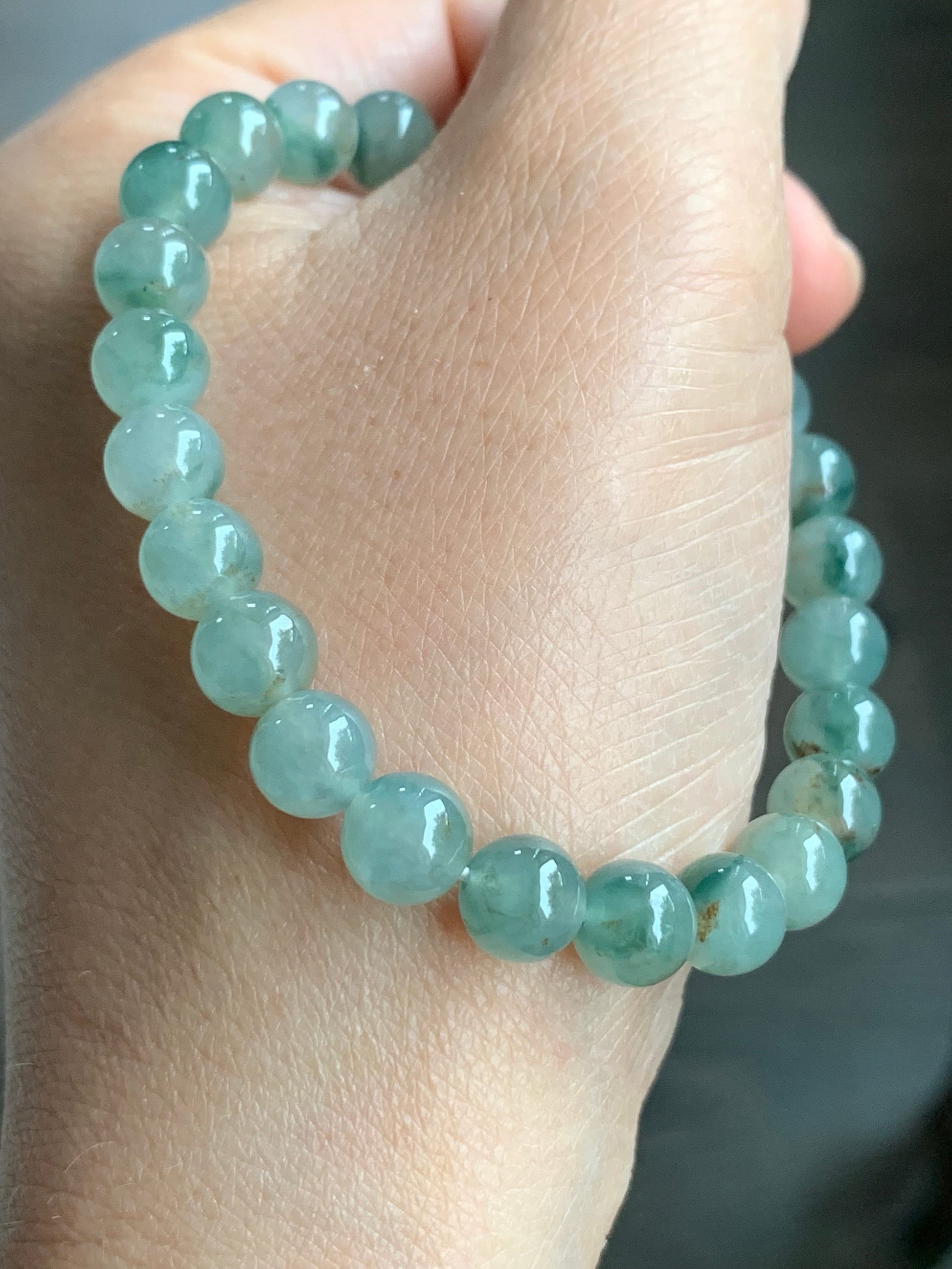 Natural Burmese Icy Highly Translucent Gelatinou Light Green Jadeite w/ Green Marbling Beaded Bracelet 7.5mm 7.25” 天然缅甸冰晴飘花翡翠圆珠手串 QPH420