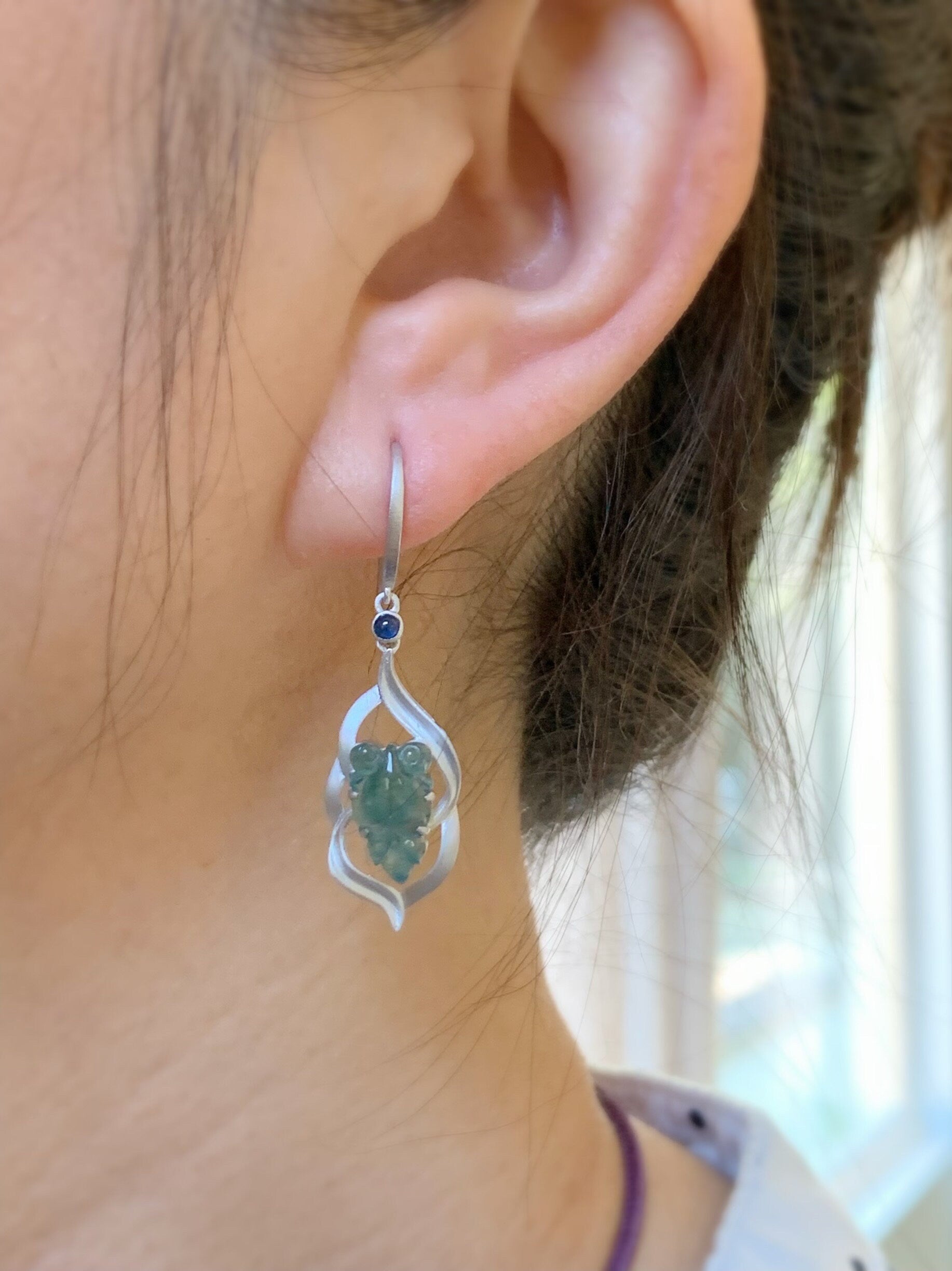 Certified Natural Guatemalan Icy Highly Translucent Teal Blue Jadeite Goldfish Dangle Earrings Sterling Silver 天然冰危蓝绿翡翠金鱼银镶耳钩耳吊