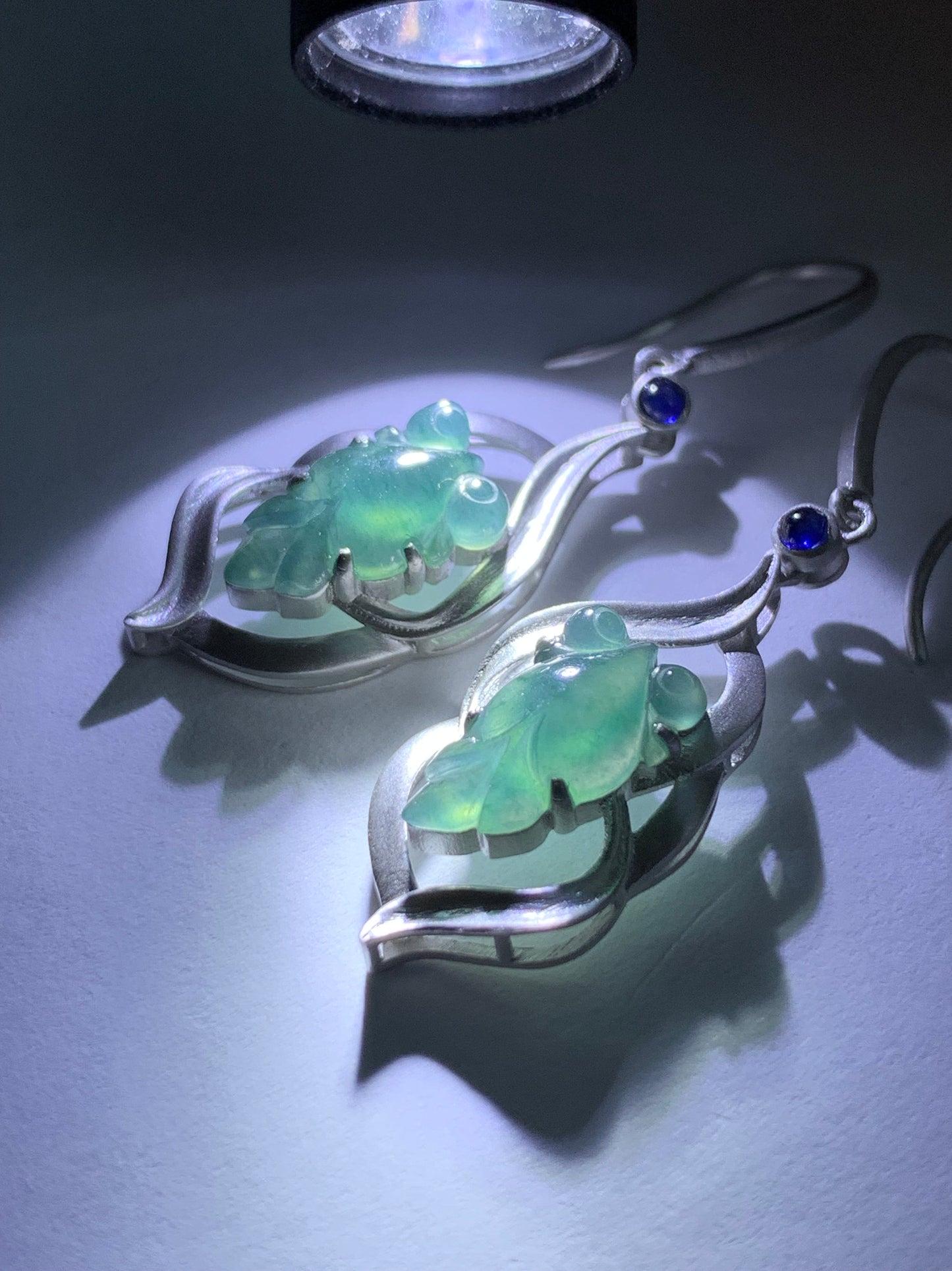 Certified Natural Guatemalan Icy Highly Translucent Teal Blue Jadeite Goldfish Dangle Earrings Sterling Silver 天然冰危蓝绿翡翠金鱼银镶耳钩耳吊