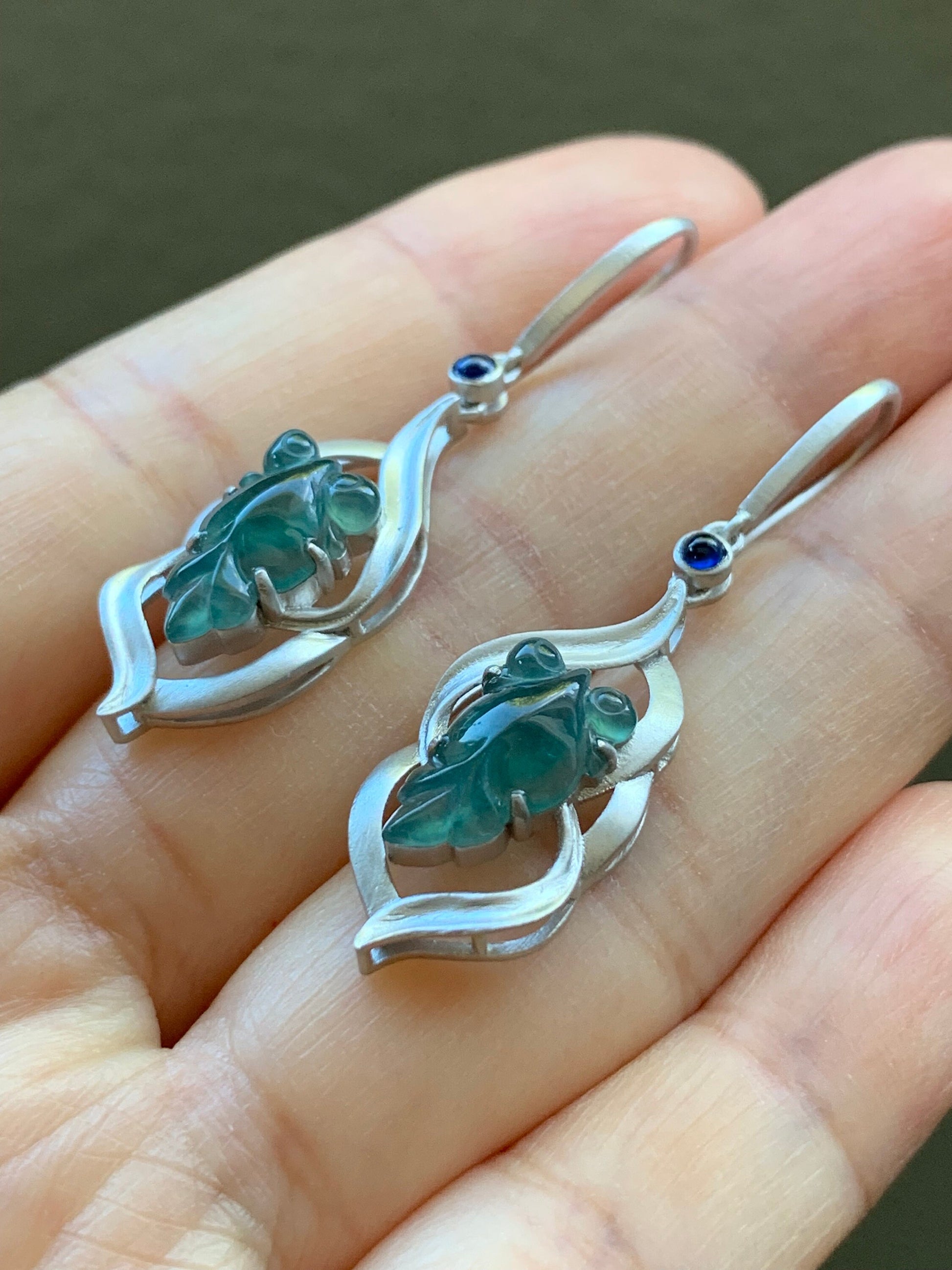 Certified Natural Guatemalan Icy Highly Translucent Teal Blue Jadeite Goldfish Dangle Earrings Sterling Silver 天然冰危蓝绿翡翠金鱼银镶耳钩耳吊