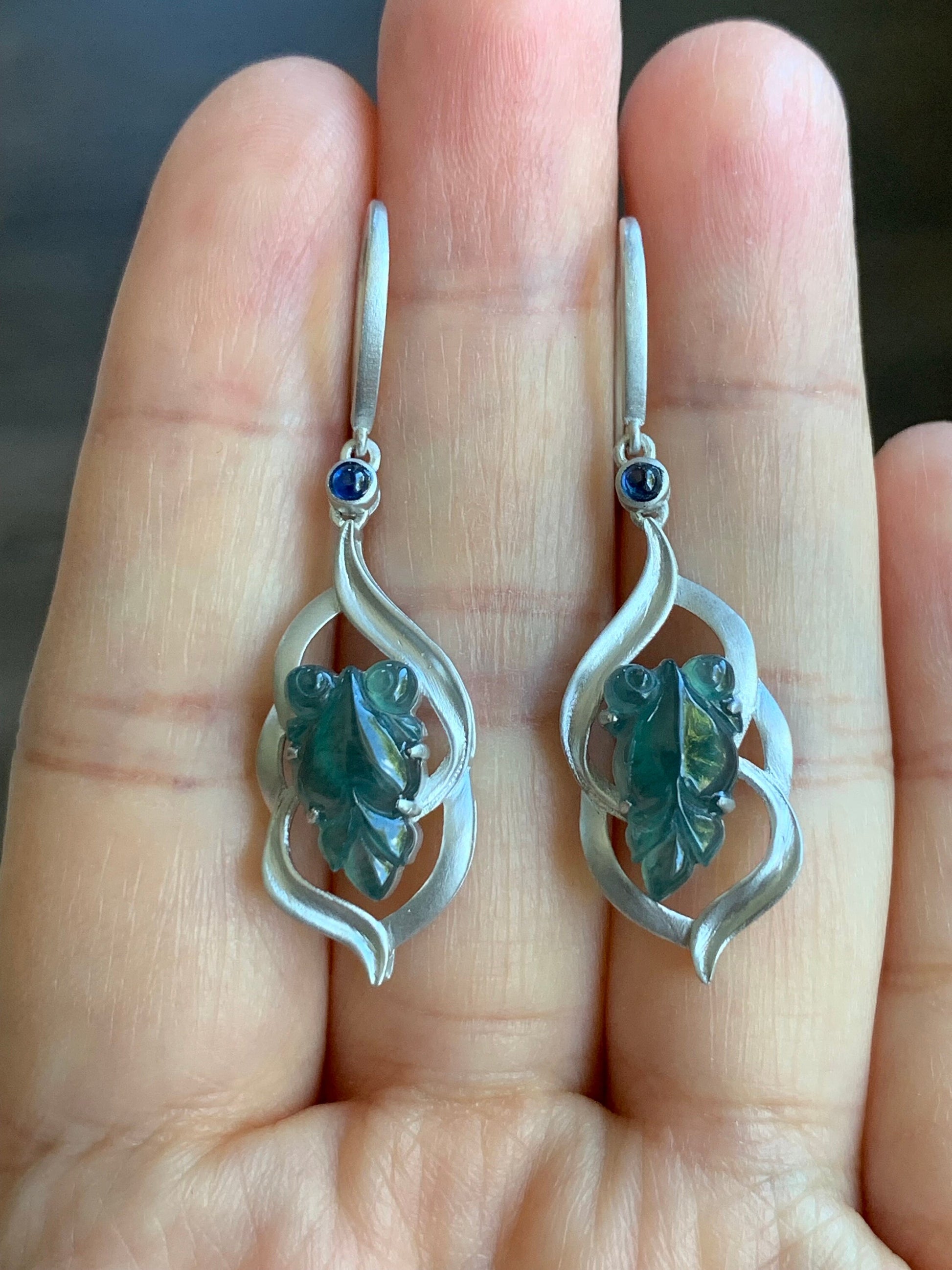 Certified Natural Guatemalan Icy Highly Translucent Teal Blue Jadeite Goldfish Dangle Earrings Sterling Silver 天然冰危蓝绿翡翠金鱼银镶耳钩耳吊