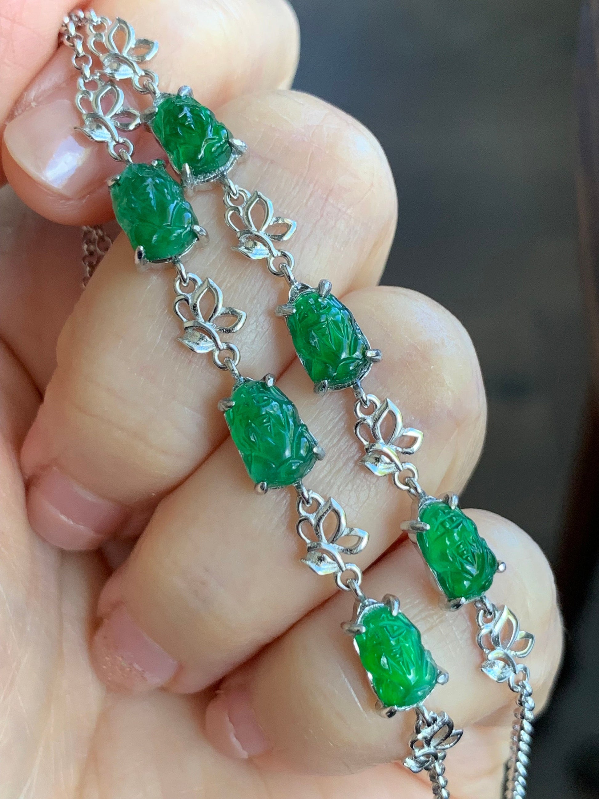 Natural Guatemalan Icy Highly Translucent Vibrant Green Jadeite Pixiu Chain Bracelet S925 Sterling Silver adjustable 天然冰危绿翡翠貔貅银镶手链