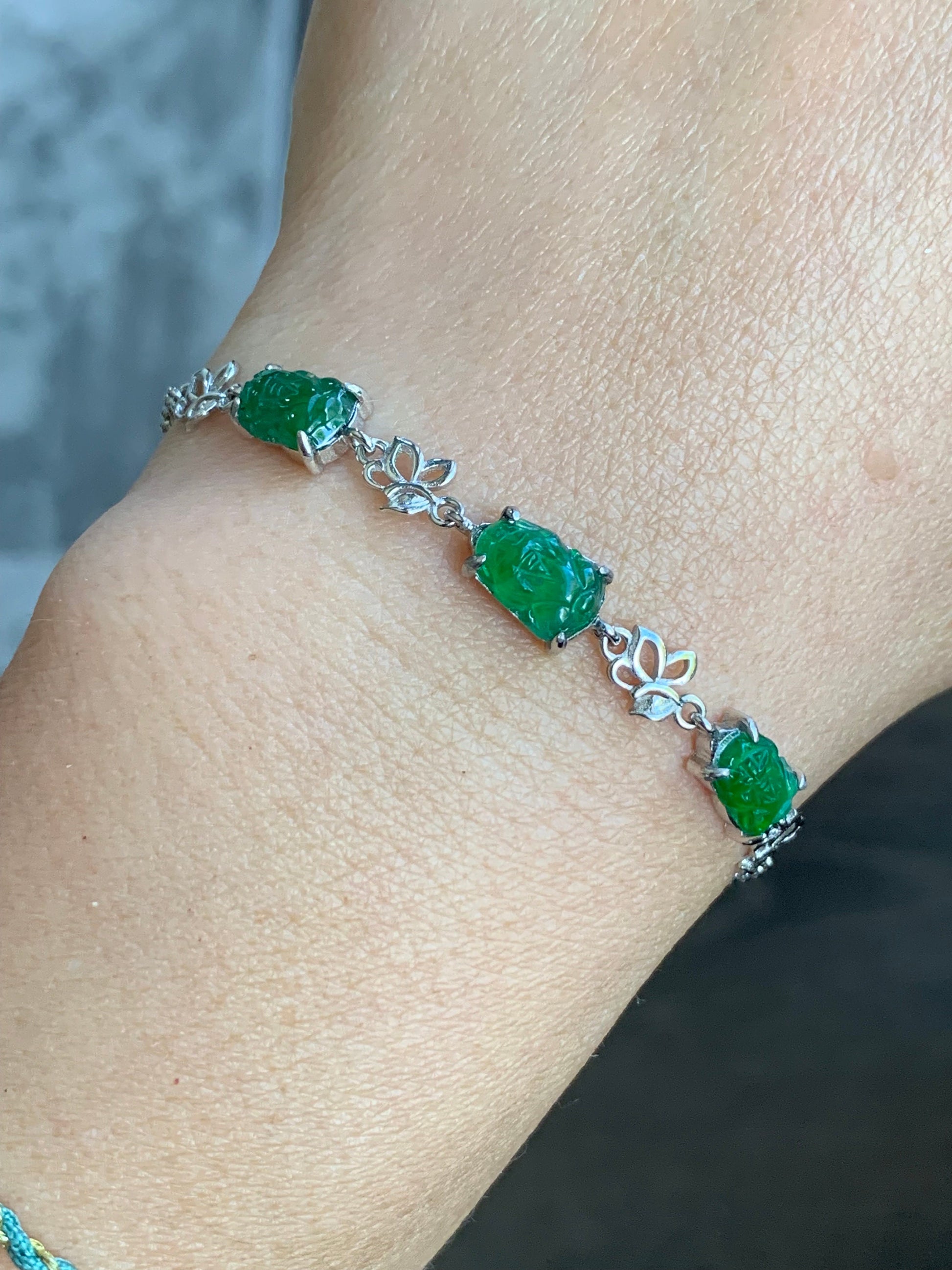 Natural Guatemalan Icy Highly Translucent Vibrant Green Jadeite Pixiu Chain Bracelet S925 Sterling Silver adjustable 天然冰危绿翡翠貔貅银镶手链