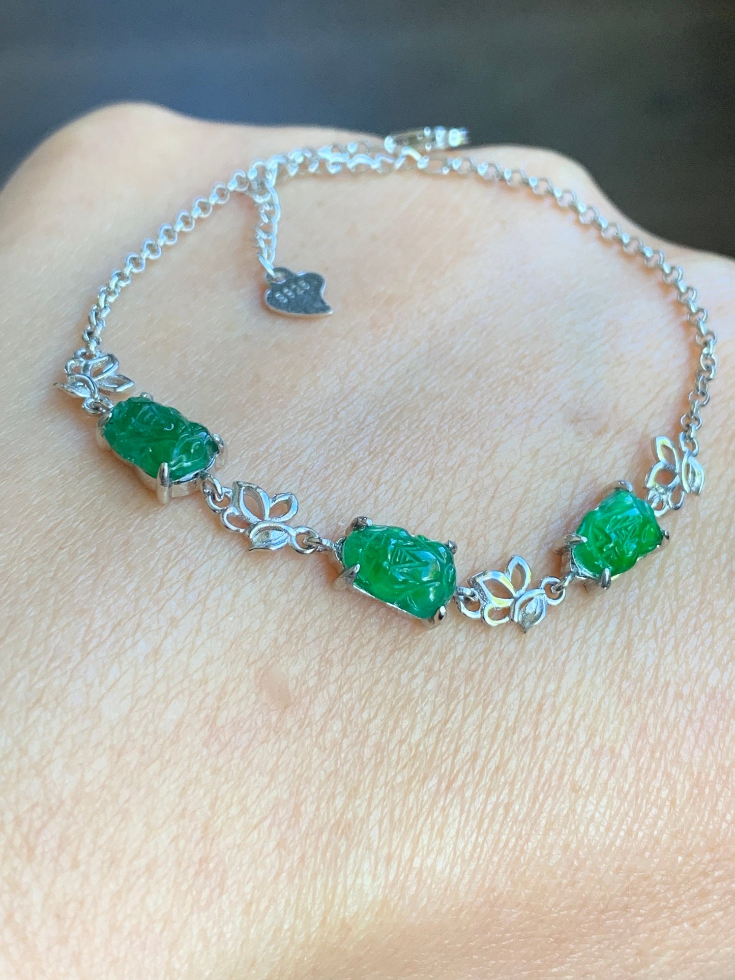 Natural Guatemalan Icy Highly Translucent Vibrant Green Jadeite Pixiu Chain Bracelet S925 Sterling Silver adjustable 天然冰危绿翡翠貔貅银镶手链