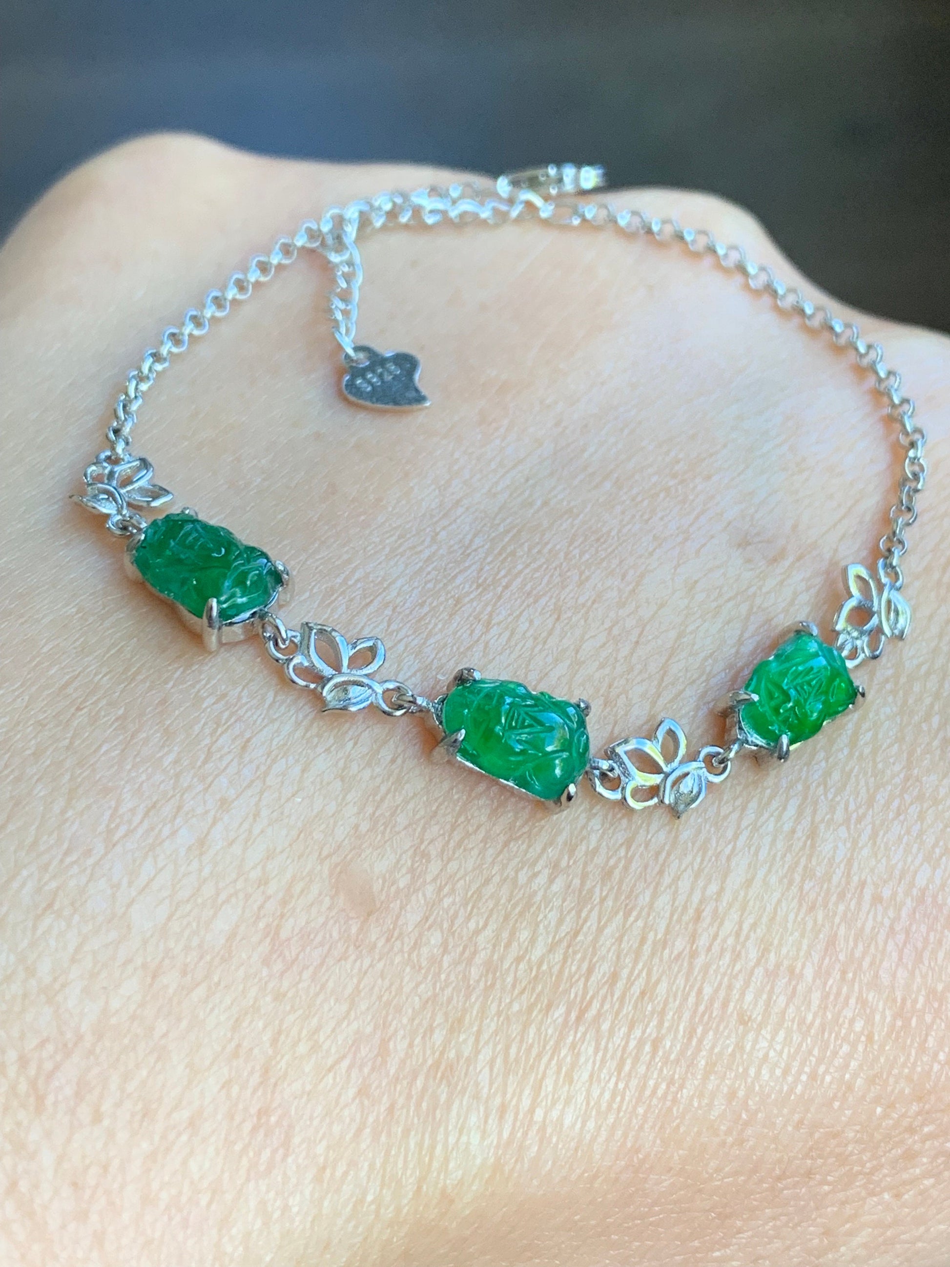 Natural Guatemalan Icy Highly Translucent Vibrant Green Jadeite Pixiu Chain Bracelet S925 Sterling Silver adjustable 天然冰危绿翡翠貔貅银镶手链