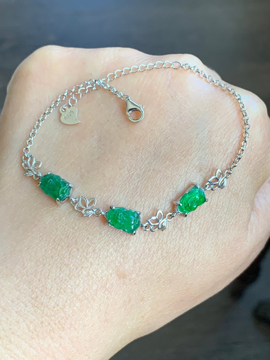 Natural Guatemalan Icy Highly Translucent Vibrant Green Jadeite Pixiu Chain Bracelet S925 Sterling Silver adjustable 天然冰危绿翡翠貔貅银镶手链