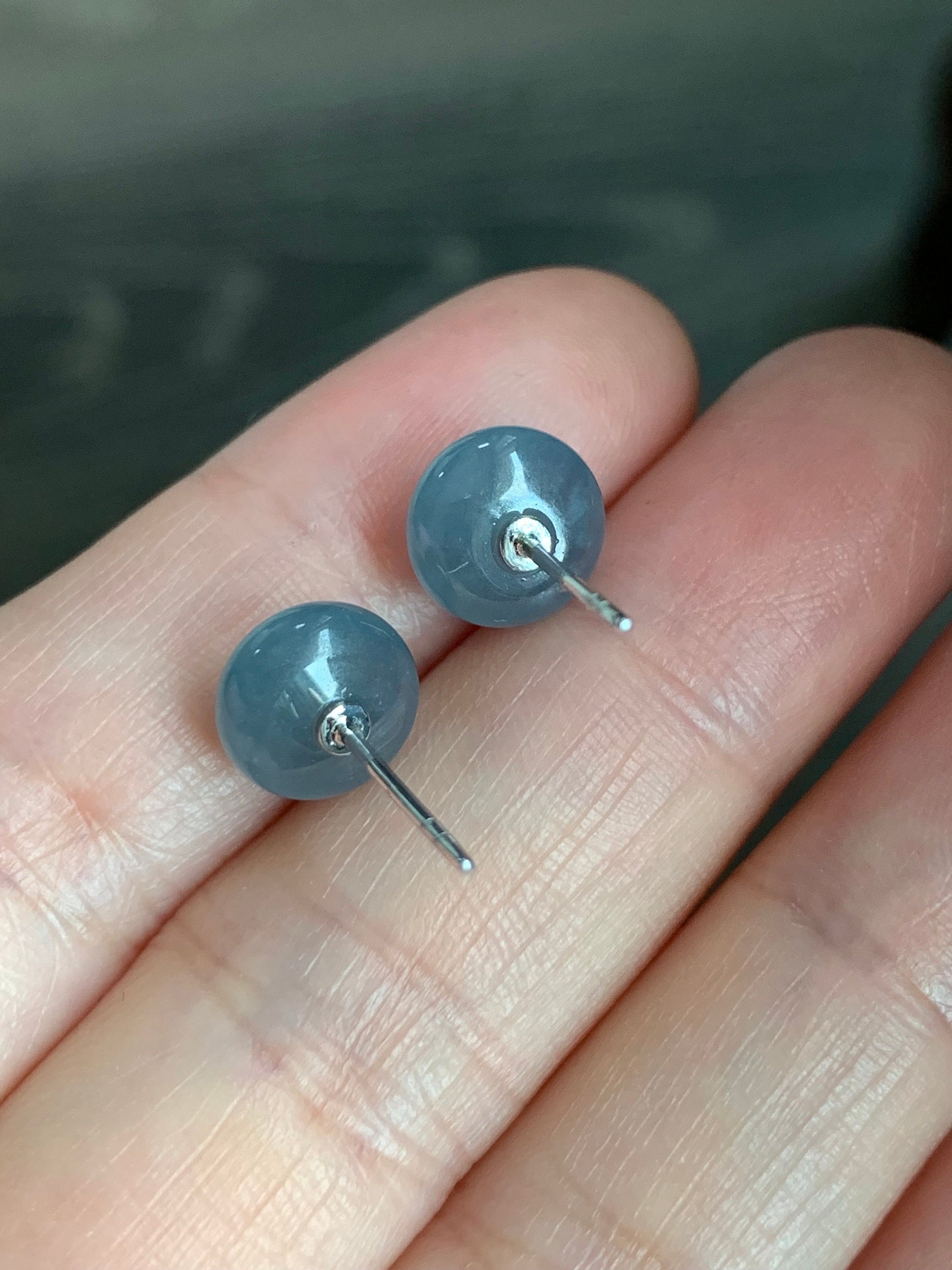 Certified Guatemalan Natural Icy Highly Translucent Light Blue Jadeite Drum Bead Stud Earrings 18K White Gold 天然冰危蓝水翡翠鼓珠Ｋ金镶嵌耳钉 1643
