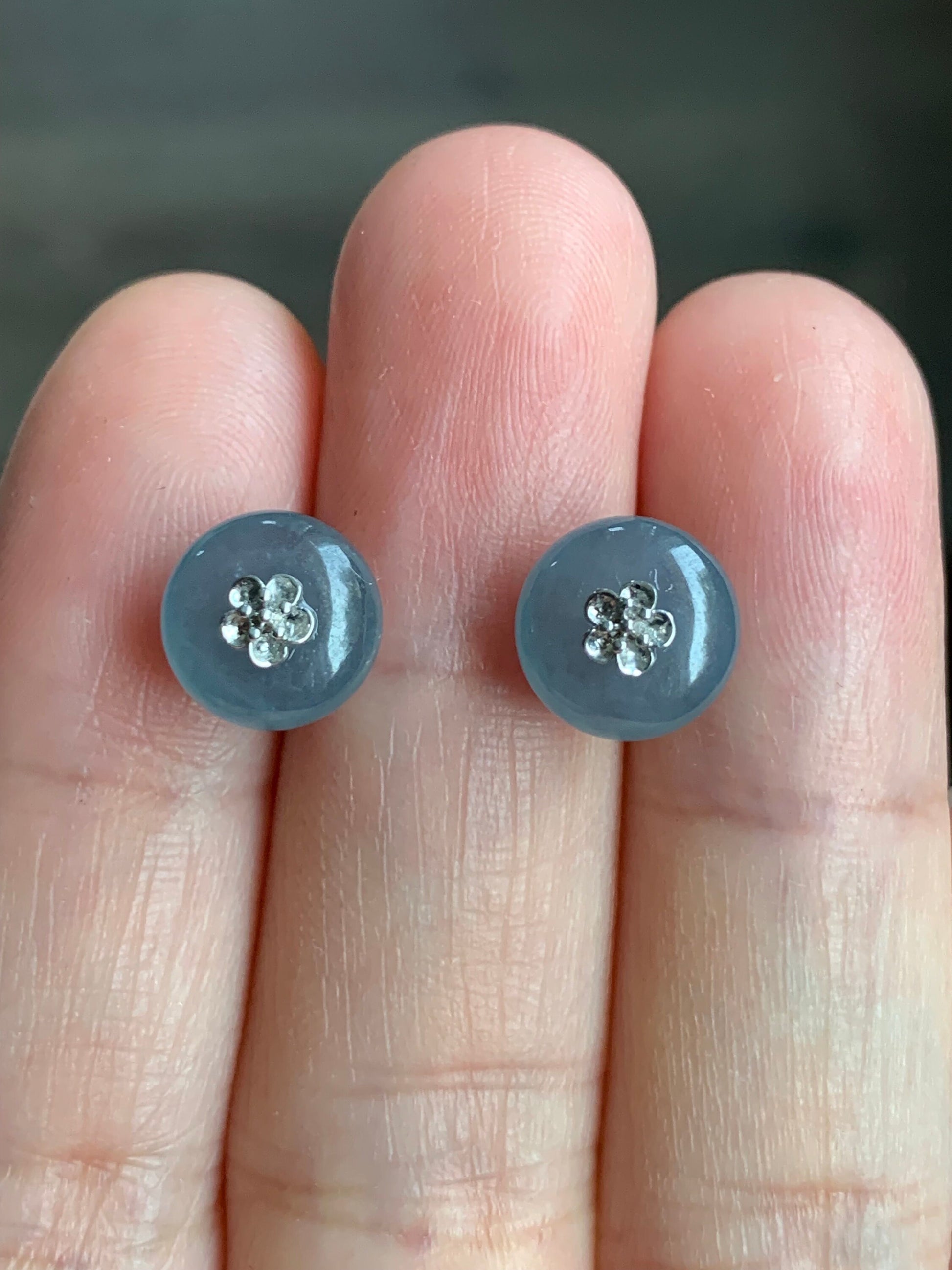 Certified Guatemalan Natural Icy Highly Translucent Light Blue Jadeite Drum Bead Stud Earrings 18K White Gold 天然冰危蓝水翡翠鼓珠Ｋ金镶嵌耳钉 1643