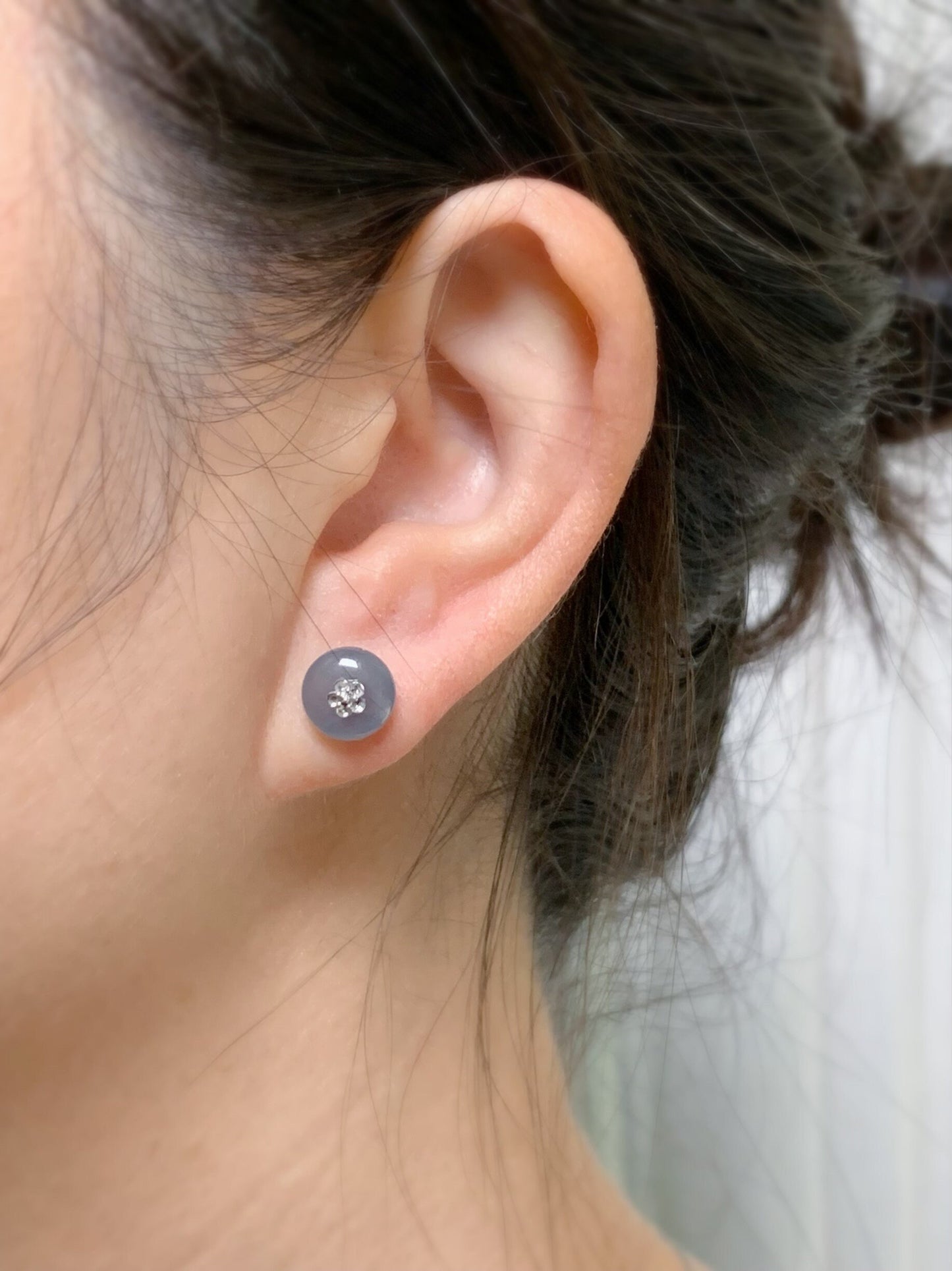 Certified Guatemalan Natural Icy Highly Translucent Light Blue Jadeite Drum Bead Stud Earrings 18K White Gold 天然冰危蓝水翡翠鼓珠Ｋ金镶嵌耳钉 1643